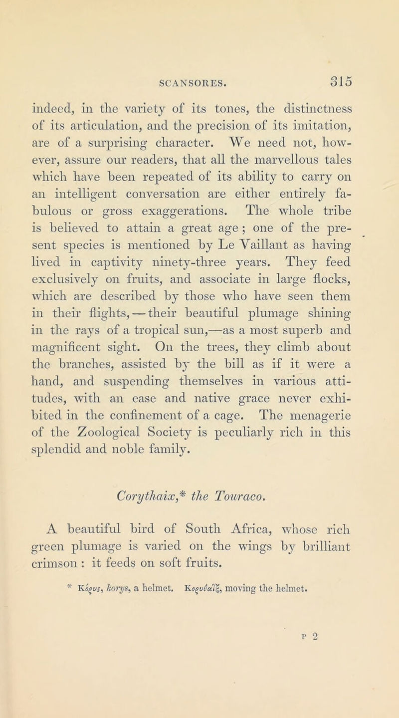 indeed, in the variety of its tones, the distinctness of its articulation, and the precision of its imitation, are of a surprising character. We need not, how- ever, assure our readers, that all the marvellous tales which have been repeated of its ability to carry on an intelligent conversation are either entirely fa- bulous or gross exaggerations. The whole tribe is believed to attain a great age ; one of the pre- sent species is mentioned by Le Vaillant as having lived in captivity ninety-three years. They feed exclusively on fruits, and associate in large flocks, which are described by those who have seen them in their flights, — their beautiful plumage shining in the rays of a tropical sun,—as a most superb and magnificent sight. On the trees, they climb about the branches, assisted by the bill as if it were a hand, and suspending themselves in various atti- tudes, with an ease and native grace never exhi- bited in the confinement of a cage. The menagerie of the Zoological Society is peculiarly rich in this splendid and noble family. Corythaix* the Tourcico. A beautiful bird of South Africa, whose rich green plumage is varied on the wings by brilliant crimson : it feeds on soft fruits. * Kfyi/;, korys, a helmet. Kogvtct%, moving the helmet.