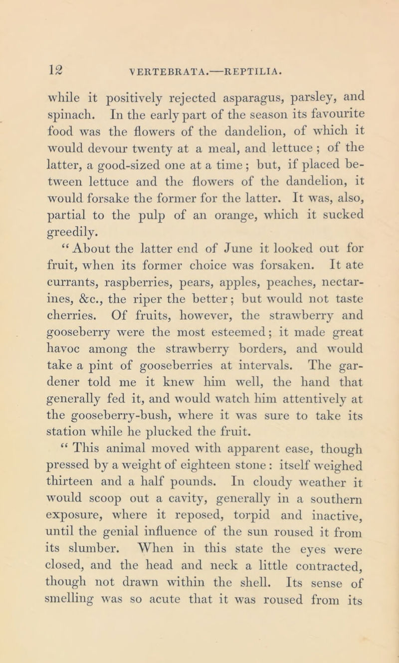 while it positively rejected asparagus, parsley, and spinach. In the early part of the season its favourite food was the flowers of the dandelion, of which it would devour twenty at a meal, and lettuce ; of the latter, a good-sized one at a time ; hut, if placed be- tween lettuce and the flowers of the dandelion, it would forsake the former for the latter. It was, also, partial to the pulp of an orange, which it sucked greedily. “About the latter end of June it looked out for fruit, when its former choice was forsaken. It ate currants, raspberries, pears, apples, peaches, nectar- ines, &amp;c., the riper the better; but would not taste cherries. Of fruits, however, the strawberry and gooseberry were the most esteemed; it made great havoc among the strawberry borders, and would take a pint of gooseberries at intervals. The gar- dener told me it knew him well, the hand that generally fed it, and would watch him attentively at the gooseberry-bush, where it was sure to take its station while he plucked the fruit. “ This animal moved with apparent ease, though pressed by a weight of eighteen stone : itself weighed thirteen and a half pounds. In cloudy weather it would scoop out a cavity, generally in a southern exposure, where it reposed, torpid and inactive, until the genial influence of the sun roused it from its slumber. When in this state the eyes were closed, and the head and neck a little contracted, though not drawn within the shell. Its sense of smelling was so acute that it was roused from its