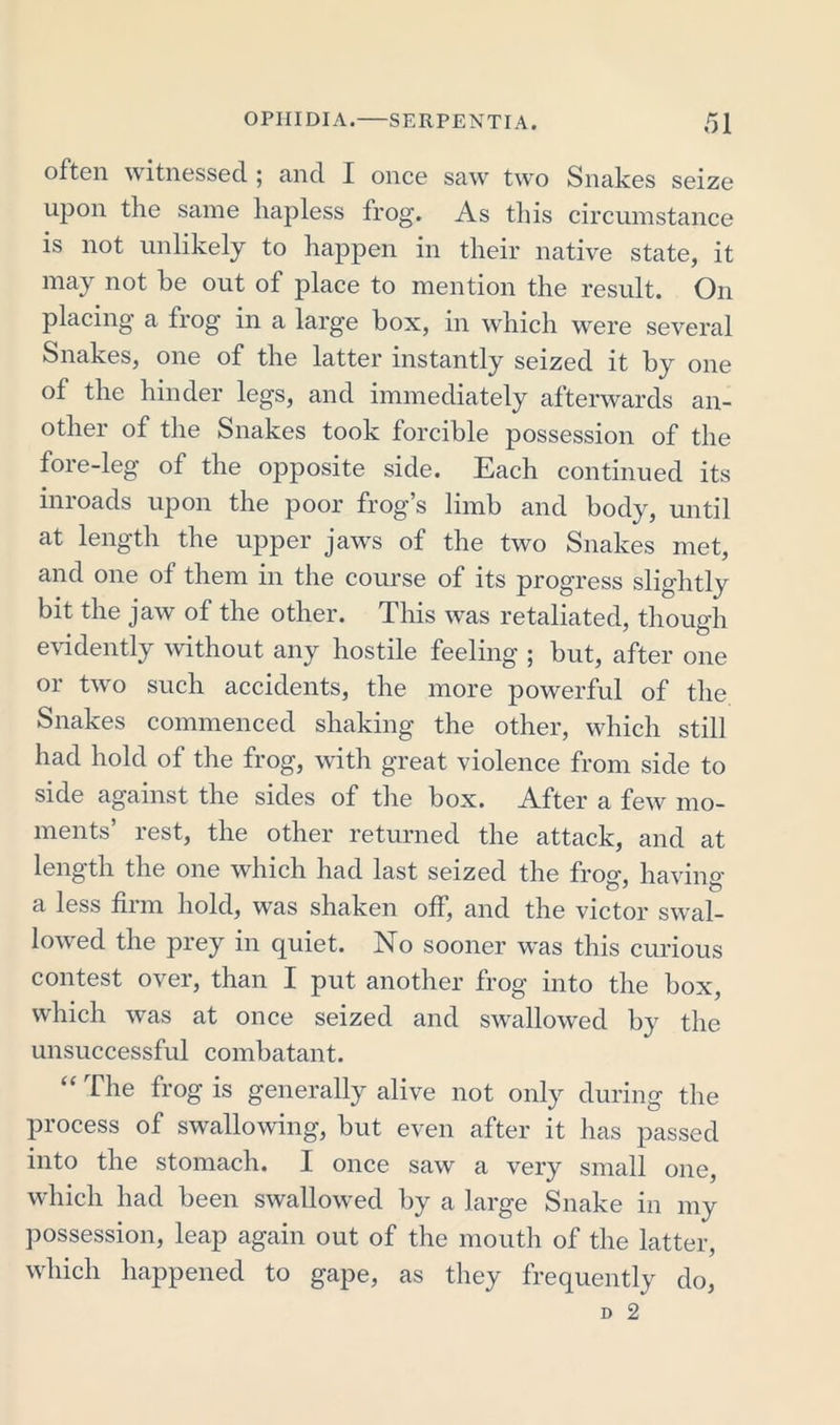 often witnessed ; and I once saw two Snakes seize upon the same hapless frog. As this circumstance is not unlikely to happen in their native state, it may not he out of place to mention the result. On placing a frog in a larg-e box, in which were several Snakes, one of the latter instantly seized it by one of the hinder legs, and immediately afterwards an- other of the Snakes took forcible possession of the fore-leg of the opposite side. Each continued its inroads upon the poor frog’s limb and body, until at length the upper jaws of the two Snakes met, and one of them in the course of its progress slightly bit the jaw of the other. This was retaliated, though evidently without any hostile feeling ; but, after one or two such accidents, the more powerful of the Snakes commenced shaking the other, which still had hold of the frog, with great violence from side to side against the sides of the box. After a few mo- ments’ rest, the other returned the attack, and at length the one which had last seized the frog*. havin°- a less firm hold, was shaken off, and the victor swal- lowed the prey in quiet. No sooner was this curious contest over, than I put another frog into the box, which was at once seized and swallowed by the unsuccessful combatant. “ The frog is generally alive not only during the process of swallowing, but even after it has passed into the stomach. I once saw a very small one, which had been swallowed by a large Snake in my possession, leap again out of the mouth of the latter, which happened to gape, as they frequently do,