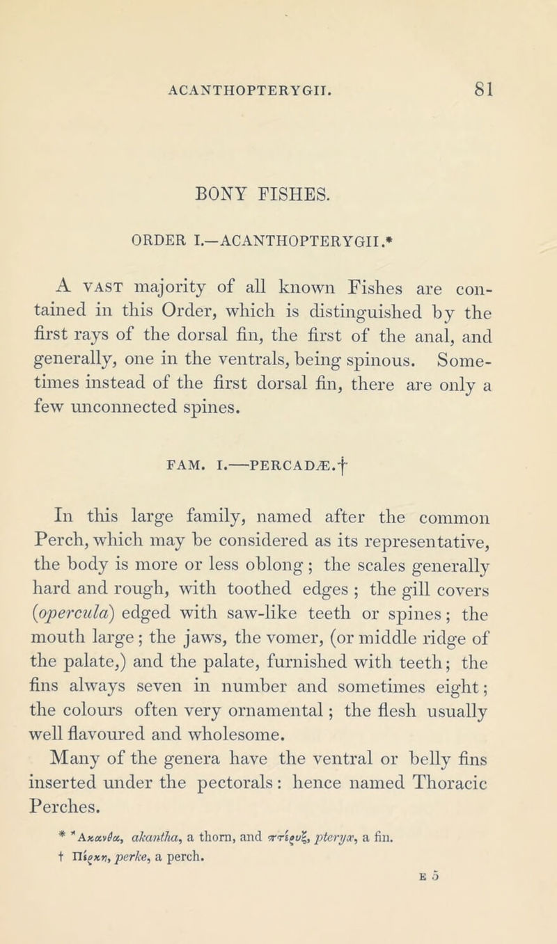 BONY FISHES. ORDER I.—ACANTHOPTERYGII.* A vast majority of all known Fislies are con- tained in this Order, which is distinguished by the first rays of the dorsal fin, the first of the anal, and generally, one in the ventrals, being spinous. Some- times instead of the first dorsal fin, there are only a few unconnected spines. FAM. I. PERCADAEf In this large family, named after the common Perch, which may be considered as its representative, the body is more or less oblong; the scales generally hard and rough, with toothed edges ; the gill covers (&lt;opercula) edged with saw-like teeth or spines; the mouth large; the jaws, the vomer, (or middle ridge of the palate,) and the palate, furnished with teeth; the fins always seven in number and sometimes eight; the colours often very ornamental; the flesh usually well flavoured and wholesome. Many of the genera have the ventral or belly fins inserted under the pectorals: hence named Thoracic Perches. * * Axctvda, akantha, a thorn, and TrriouZ, pteryoc, a fin. t perke, a perch.