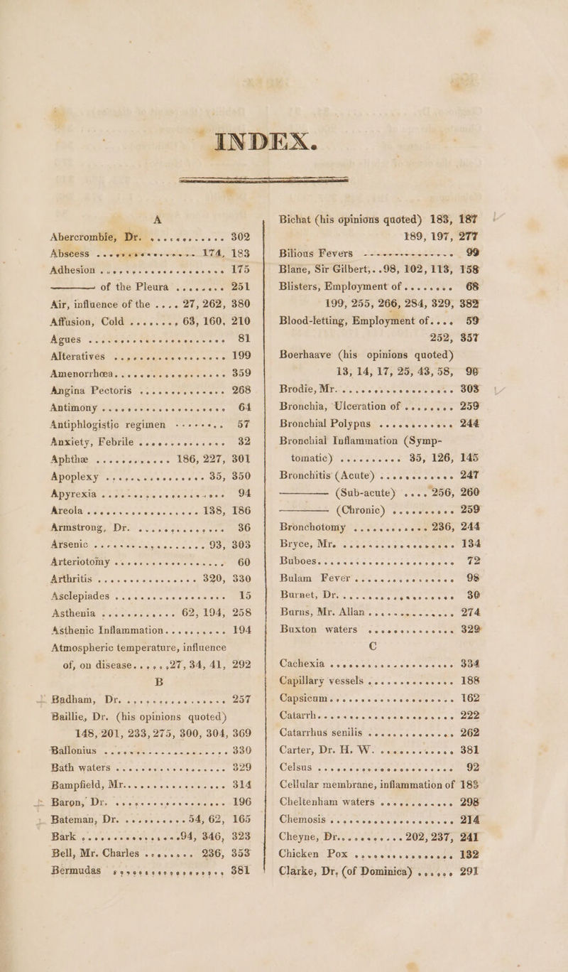 hd A Abercrombie, Dr. ....&lt;e5..-++- 302 Abscess ...eesseseree&gt;- 174, 183 MARGNOM Worse: cccceeccces wes. EEO of the Pletkat ia. c a6. or eok Air, influence of the .... 27, 262, 380 Affusion, Cold ......., 63, 160, 210 Agues .. WRG ae Br eive ase OL a glte dee 0918 2.06 + 0h Noo Amenorth@as sss ease eee ese G09 thietiaes eee COO Alteratives Angina Pectoris ... PGT Gays eee oto 6+ « orealaie 4s 64 Antiphlogistic regimen --+-+-&gt; con Oe Anxiety, Febrile ...c.vcecscone Oc Ap. renee es 180, 227, 30} Bpaplexy oy pcccaece aces OO; O00 Wp yeeeld, Beis See ie uses OF PPCOLS. So os eons Lao oar Oy FOO Mnsieone: Die! ois bg eee oO WSOC: ois oo eee hig 0 eee hac 93, 303 MBRSTIORONEY 655. screw eee os su sc 60 UME MAGE are sie 0 «eee ae on ans 320, 330 IO MEMACCS oes ox 016s cesemieels EEO Nsthewia o&lt;slecca.. +. 62; 194; 258 Asthenic Inflammation.......... 194 Atmospheric temperature, influence of, on disease......2%, 34, 41, 292 B Kaaba, Dr. iu s..cs secs vise OU Baillie, Dr. (his opinions quoted) 148, 201, 233, 275, 300, 304, 369 RP. pera Oe 7), |S RS UCT: aaa ae are ae ee 329 Bampfield, Mr........esese-e0- SIE Waco BGs oie isin sino sashes ox OO Bateman, Dr. ..........94, 62, 165 Bark ..eceesceeeeses 094, 346, 323 Bell, Mr. Charles ........ 236, 353 Bigudss * y selcidcccses recns&gt; 20% ®Ballonius Bichat (his opinions quoted) 183, 187 189, 197, 277 Bilious Fevers --------------. 99 Blane, Sir Gilbert,. .98, 102,113, 158 Blisters, Employment of........ 68 199, 255, 266, 284, 329, 382 Blood-letting, Employment of.... 59 252, 357 Boerhaave (his opinions quoted) 13, 14, 17, 25, 43,58, 968 Bde, Wo oe ke se coe 6 OOe Bronchia, Ulceration of .....0.00+ 209 Bronchial Polypus ....ceecese.e 244 Bronchial Inflammation (Symp- tomiati¢y ...... wees 30; 126, T45 Bronchitis (Acute) ..cevcecsces 247 (Sub-acute) ... . 256, 260 (Chronic) ..secccess 209 Bronchotomy ......0.++++ 236, 244 Bryee, Mite wt. % v0 w0ier4 occ eae et TOE PIB OC ere lafa ate ic «de icie 0 6 sia’ ae Baia Bever ich csisctaccssces (Oe Barpet Dien J. aase cgavcceses OC Barus, Air; Atlan’..3&lt; .tac tee aee SHURMOD ~WAlErs 6c cteicccsce cee Gae Cc CACHE. 566,016 6: sls vielne &lt;0 6 «6 ok epee Capillary vessels .....cecsee++- 188 Capsicum... .ccsscccsccvecees 162 GaPAIE or cisio a 5 0 vis. oo.e crests ss 6 ae Catarrbus Senilis ot. 00 occs sce 2Oe Carter, Dr. Hig W os acka cs vo 0c Or CETStSi nos, ¢:0, 01 o. sink ofeterenelelsie @. 6.6. ate) arene Cellular membrane, inflammation of 183 Cheltenham waters .ese..eesee 298 CWEMOSISVS . 5:91: 0 rd.6. 0/5 01610 0-616-0, 5 see Cheyne, Dr...s0ss5+0+ 202,204, Ban Chicken” Pox .,cgesecvsecvens NOE Clarke, Dr, (of Dominica) .,.... 291