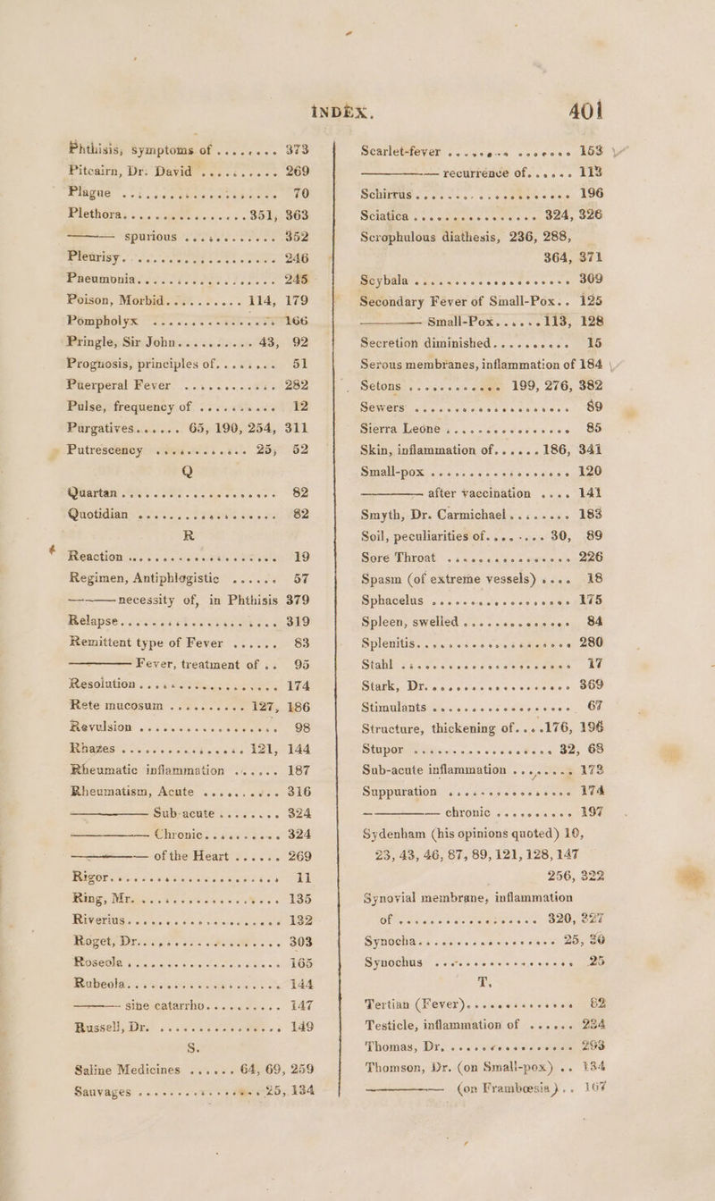 Sauvages ....+.... rs Phthisis; symptoms of ........ 373 PiIngde ssi ipower wae ws ee Piletheras + &lt;. . att Savateness . 351, 363 SE NSPUMIOUS Poa eee cee ss 352 IS att oe eens ok coe. 246 Preumonia..... Pravats loses: Sea Poison, Morbid. ......... 114, 179 Pompholyx Seat ce ees Pringle; Sir Johwers oso 2).).50% 43, 92 Prognosis, principles of........ 51 auerperal Fever... i 6. 0ites 282 Pulse, frequency of. ....6s...+ 12 Pargatives...... 65, 190, 254, 311 y Putreseency: “oyu isi... 25;&gt; 52 Q ; rasta 6) RE ie ek cs 82 Quotidian ........ PANG. OS) oat, FEZ R BOCACRON Goce &amp; cc wield tele eet PO Regimen, Antiphlogistic ..... » 57 —_ necessity of, in Phthisis 379 Relapse...... slebiols cee sche ec ore Remittent type of Fever ...... 83 Fever, treatment of .. 95 Resolution. ...«..2.. Pt oe 174 Rete mucdsum . 65.2.5 ce. 127, 186 Revulsion .6is.s00e nce Joo. Ss WHO EES eae eo ski cade Lob; 144 Rheumatic inflammation ...... 187 Bheumatism, Acute ...6.. sd 6 OL6 Subsacute so sa2... S24 CH OMCS 6 is0o 50-00 S24 ————~— ofthe Heart ...... 269 igor. ss. s0s Saeats ea seuss i: ne Rug, Migr. sees Me areoate ol tloo WRENS oo ar ais 0s, 6 5 mince Cuan ee ee Roget; Dries obs mw, OR a's . 303 ECOSCOINA 5 che ala os 6 Dae gt Khe, 2k 165 abeola: cease ess NE oleate ors 144 Sine eatarrhds 6. oc e es « 147 Mussel Dis. oa 8ia sie. waves LAD S. Saline Medicines ...... 64, 69, 259 401 Sebireus.. 2.25 s+ «vga s sas) LOG Sciatica .......ssee+e++- 324, 326 Scrophulous diathesis, 236, 288, 364, 371 SOVUUE &lt;dpigcessceceeeeses ec, SUS Secondary Fever of Small-Pox.. 125 Small-Pox......113, 128 Secretion diminished.......0.. 15 Serous membranes, inflammation of 184 \ Sewers ..... PEAT CCER ELL Sse 6. OU Sierra Leone ...... CRE ETS Bee OO Skin, inflammation of...... 186, 341 assess + wales e. Mee » 141i Smyth, Dr. Carmichael........ 183 Soil, peculiarities of....-... 30, 89 Sore Throat -. i506 &lt;se00 tree ooreeO Spasm (of extreme vessels) sese 18 Small-pox ..... after vaccination ... Sphacelus ....csecesccecssees LIS ate shee eqeus ee Splenitis. os. 0siescessthgseee 280 Stahl SicWactcsvcvccesesemes, ke Stark, Dress ssccces ee svecuss SOM Serra S eae sis s-kis ce oS a ol eine oe Ob Structure, thickening of....176, 196 vesePerie 32, 6S Sub-acute inflammation ........ 173 Vogoctcsccne Lee — chronic ....6.1... 197 Spleen, swelled.... SUA POW. vise. «0 or Suppuration .... Sydenham (his opinions quoted) 10, 23, 43, 46, 87, 89, 121, 128, 147 256, 322 Synovial membrane, inflammation Ol ora = del eettisie's ce OaOy aed Synbehiars sche cuteslen dy) BOM Synochus .-essceeeers 1 e005 6 eo Tertian (Fever)..ssessssesees 82 Testicle, inflammation of ...... 234 Thomas, Dri) sce 0seeestd Aveenieee Thomson, Dr. (on Small-pox) .. 134 — (on Framboesia).. 167