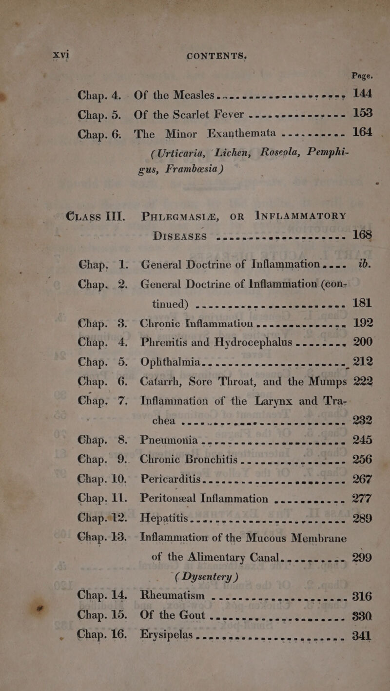 zd + CONTENTS, Cass ITT. Chap. Chap. Chap. Chap. Chap. Chap. Ch ap. NM SEO eS (Urticaria, “Lichen, Roseola, ‘Pawie gus, Frambesia ) PHLEGMASIZ, OR INFLAMMATORY DISEASES ..c-c--- opecoasas =u aee General Doctrine of Inflammation.... 7. General Doctrine of Inflammation (con- tinued) .\.‘. &gt; op == 6 s\n ae ay Fe i Chronic Inflammation ....een2e0e-+-2 192 Phrenitis and Hydrocephalus ....... - 200 Ophthalmia[, 065... «-nos sae _ 212 Catarrh, Sore Throat, and the Tete 222 Inflammation of the Larynx and Tra- Ched voce vert eames oe ee 232 Phevhiotia J)... o. os 6 oe ete ee 245 Chronic Bronchitis... 22... wig w Scan een Pericardiuis. «2 8 os a eee salen 267 Peritonwal Inflammation’ .. .coseesees 277 Hepatitiss i... «occ ones cl eee 289 Inflammation of the Mucous Membrane of the Alimentary Canal.......-.- 299 ( Dysentery ) Rheumatism _. 2. . 252.5 ,.006 aoe 316 Of the Gout oo. 0 ae 330 EST SIDOIAR Sn wig dws &gt; awn gat Cee 341