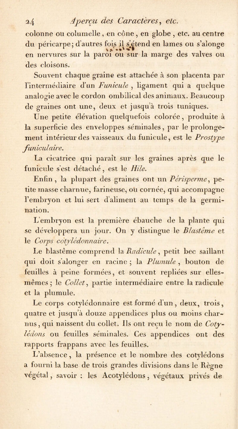 colonne ou colunielle, en cône , en globe , etc. au centre du péricarpe; d’autres fois il s’étend en lames ou s’alonge en nervures sur la paroi ou sur la marge des valves ou des cloisons. Souvent chaque graine est attachée à son placenta par l’intermédiaire d’un Funicule , ligament qui a quelque analogie avec le cordon ombilical des animaux. Beaucoup de graines ont une, deux et jusqu’à trois tuniques. Une petite élévation quelquefois colorée, produite à la superficie des enveloppes séminales, par le prolonge¬ ment intérieur des vaisseaux du funicule, est le Prostjpe fiiniciilaire. La cicatrice qui paraît sur les graines après q[ue le funicule s’est détaché, est le Hile. Enfin , la plupart des graines ont un Périsperme pe¬ tite masse charnue, farineuse, ou cornée, qui accompagne l’embryon et lui sert d’aliment au temps de la germi¬ nation. L’embryon est la première ébauche de la plante qui se développera un jour. On y distingue le Blastème et le Corps cotplédonnaire. Le blastème comprend la Radicule, petit bec saillant qui doit s’alonger en racine ; la Pliunule , bouton de feuilles à peine formées, et souvent repliées sur elles- mêmes; le Collet.^ partie intermédiaire entre la radicule et la plumule. Le corps cotylédonnaire est formé d'un, deux, trois, quatre et jusqu’à douze appendices plus ou moins char¬ nus , qui naissent du collet. Ils ont reçu le nom de Coty'- lédons ou feuilles séminales. Ces appendices ont des rapports frappans avec les feuilles. L’absence, la présence et le nombre des cotylédons a fourni la base de trois grandes divisions dans le Règne végétal, savoir : les Acotylédons, végétaux privés de