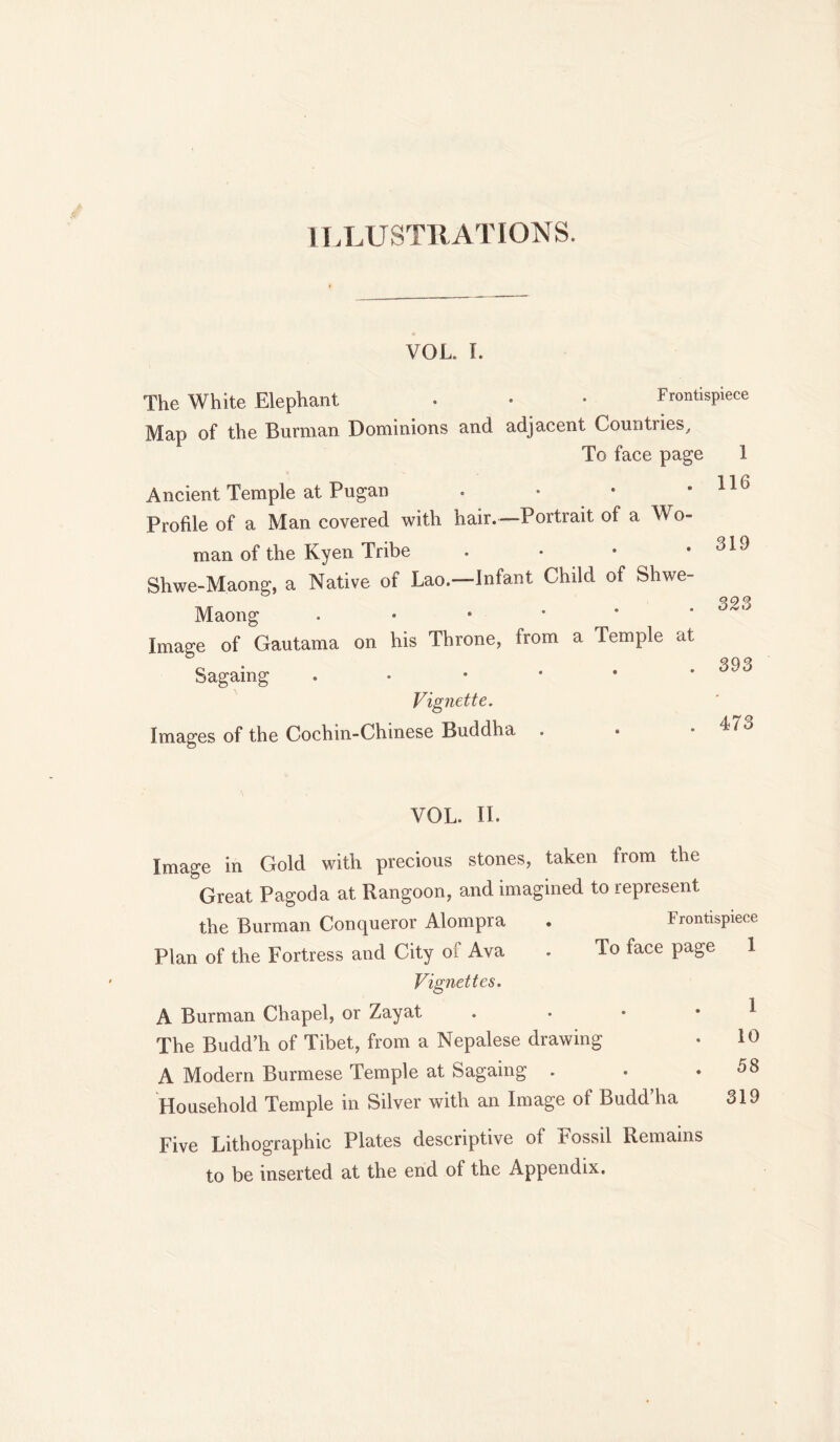 ILLUSTRATIONS. VOL. I. The White Elephant . • • Frontispiece Map of the Burman Dominions and adjacent Countries. To face page 1 Ancient Temple at Pugan . • • * 116 Profile of a Man covered with hair.—Portrait of a Wo- man of the Kyen Tribe . • • .319 Shwe-Maong, a Native of Lao.—Infant Child of Shwe- T\/r ... 328 Maong • Image of Gautama on his Throne, from a Temple at Sagaing ^3 Vignette. Images of the Cochin-Chinese Buddha VOL. II. Image in Gold with precious stones, taken from the Great Pagoda at Rangoon, and imagined to represent the Burman Conqueror Alompra Frontispiece Plan of the Fortress and City of Ava To face page 1 Vignettes. 1 A Burman Chapel, or Zayat The Budd’h of Tibet, from a Nepalese drawing A Modern Burmese Temple at Sagaing . • ♦ Household Temple in Silver with an Image of Budd’ha Five Lithographic Plates descriptive of Fossil Remains to be inserted at the end of the Appendix.