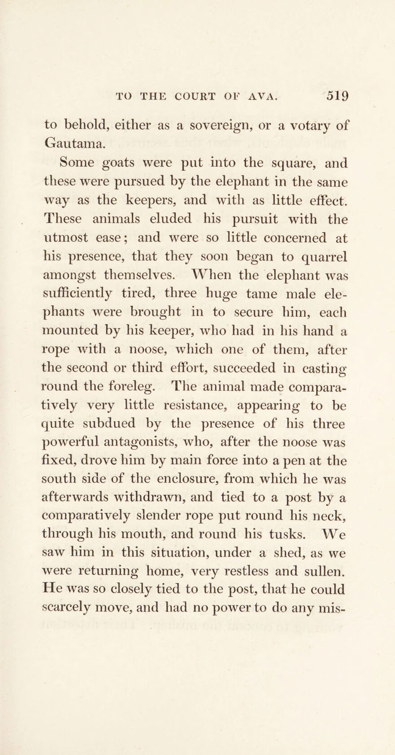 to behold, either as a sovereign, or a votary of Gautama. Some goats were put into the square, and these were pursued by the elephant in the same way as the keepers, and with as little effect. These animals eluded his pursuit with the utmost ease; and were so little concerned at his presence, that they soon began to quarrel amongst themselves. When the elephant was sufficiently tired, three huge tame male ele- phants were brought in to secure him, each mounted by his keeper, who had in his hand a rope with a noose, which one of them, after the second or third effort, succeeded in casting round the foreleg. The animal made compara- tively very little resistance, appearing to be quite subdued by the presence of his three powerful antagonists, who, after the noose was fixed, drove him by main force into a pen at the south side of the enclosure, from which he was afterwards withdrawn, and tied to a post by a comparatively slender rope put round his neck, through his mouth, and round his tusks. We saw him in this situation, under a shed, as we were returning home, very restless and sullen. He was so closely tied to the post, that he could scarcely move, and had no power to do any mis-