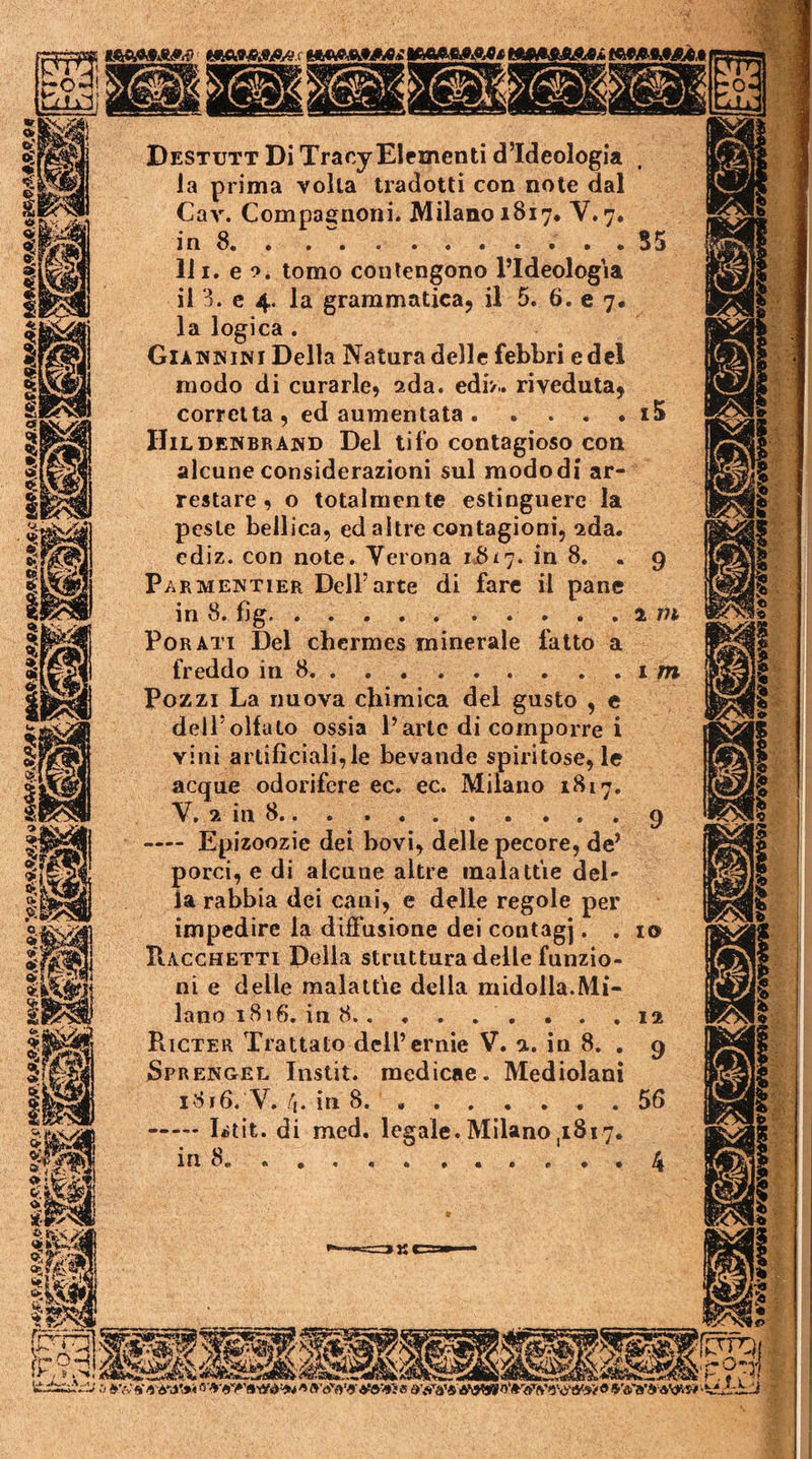 Destutt Di Tracy Elementi d’ideologia la prima volta tradotti con note dal Cav. Compagnoni. Milano 1817. V. 7. in 8 . 111. e •>* tomo contengono l’Ideologia il 3. c 4. la grammatica, il 5. 6.07. la logica . Giannini Della Natura delle febbri e del modo di curarle, ada. ediV. riveduta, corretta , ed aumentata Hildenbrawd Del tifo contagioso con alcune considerazioni sul mododi ar- restare, o totalmente estinguere la peste bellica, ed altre contagioni, ada. cdiz. con note. Verona 1817. in 8. « Parmentier Dell’arte di fare il pane in 8. fig Forati Del chermes minerale fatto a freddo in 8. Pozzi La nuova chimica del gusto , e deli’oliato ossia l’arte di comporre i vini artificiali,le bevande spiritose, le acque odorifere ec. ec. Milano 1817, V. 2 in 8 Epizoozie dei bovi, delle pecore, de’ porci, e di alcune altre malattie del- ia rabbia dei cani, e delle regole per impedire la diffusione dei contagj, . Racchetti Della struttura delle funzio- ni e delle malattie della midolla.Mi- lano 1816. in 8 . . PiiCTER Trattato dell’ernie V. a. in 8. . Sprengel Instit. medicae. Mediolani 1816. V. /i. in 8 Istit. di med. legale. Milano,1817, in 8. .#•«* ...... I I