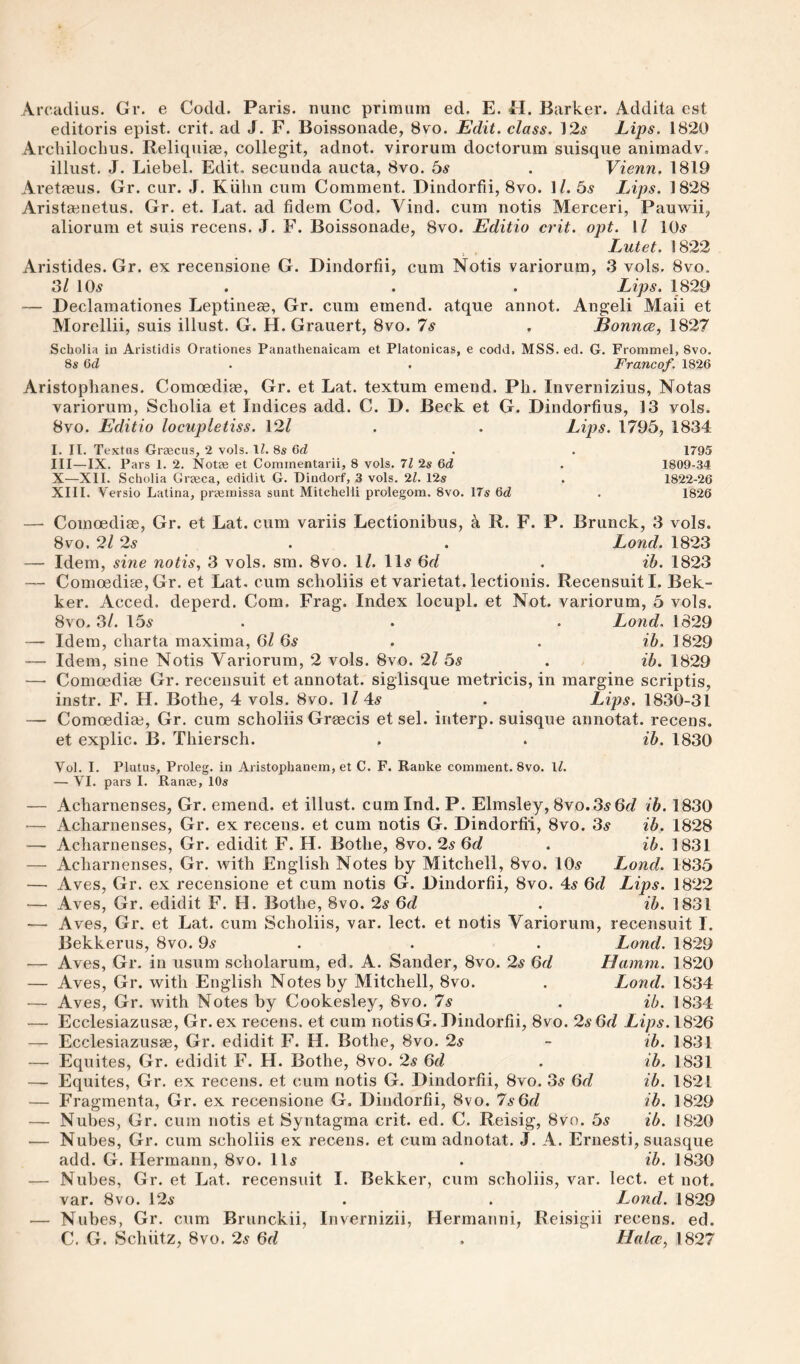 Arcadius. Gr. e Codd. Paris, nunc primurn ed. E. H. Barker. Addita est editoris epist. crit. ad J. F. Boissonade, 8vo. Edit, class. ]2s Lips. 1820 Archilochus. Reliquiae, collegit, adnot. virorum doctorum suisque animadv, illust. J. Liebel. Edit, secunda aucta, 8vo. 5^ . Vienn. 1819 Aretaeus. Gr. cur. J. Kiihn cum Comment. Dindorfii, 8vo. G. 5s Lips. 1828 Aristaenetus. Gr. et. Lat. ad fidem Cod. Yind. cum notis Merceri, Pauwii^ aliorum et suis recens. J. F. Boissonade, 8vo. Editio crit. opt. Vl 10^ Lutet. 1822 Aristides. Gr. ex recensione G. Dindorfii, cum Notis variorum, 3 vols. 8vo, 3/10.? . . . Lips. 1829 — Declamationes Leptineae, Gr. cum emend, atque annot. Angeli Maii et Morellii, suis illust. G. H. Grauert, 8vo. 7^ . BonrKc, 1827 Scholia in Aristidis Orationes Panathenaicam et Platonicas, e codd. MSS. ed. G. Frommel, 8vo. 8s 6d . . Franco/. 1826 Aristophanes. Comoediae, Gr. et Lat. textum emend. Ph. Invernizius, Notas variorum, Scholia et Indices add. C. D. Beck et G. Dindorfius, 13 vols. 8vo. Editio locupletiss. 12/ . . Lips. 1795, 1834 I. II. Textns Grsecus, 2 vols. IZ. 8s 6(i . . 1795 III—IX. Pars 1. 2. Notae et Commentarii, 8 vols. 7l 2s Gd . 1809-34 X—XII. Scholia Graeca, edidit G. Dindorf, 3 vols. 2Z. 12s . 1822-26 XIII. Versio Latina, prsemissa sunt Mitchelli prolegom. 8vo. 17s Gd . 1826 — Comoediae, Gr. et Lat. cum variis Lectionibus, a R. F. P. Brunck, 3 vols. 8VO. 2/ 2s . . Lond. 1823 — Idem, sine notis, 3 vols. sm. 8vo. 1/. 11^ 6f/ . ib. 1823 — Comoediae, Gr. et Lat. cum scholiis et varietat. lectionis. Recensuitl. Bek- ker. Acced. deperd. Com. Frag. Index locupl. et Not. variorum, 5 vols. 8vo. 3/. 15? . . . Lond. 1829 — Idem, charta maxima, 6/6? . . ih. 1829 — Idem, sine Notis Y ariorum, 2 vols. 8vo. 2/ 5? . ib. 1829 — Comoediae Gr. recensuit et annotat. siglisque metricis, in margine scriptis, instr. F. H. Bothe, 4 vols. 8vo. 1/4? . Lips. 1830-31 — Comoediae, Gr. cum scholiis Graecis et sel. interp. suisque annotat. recens. et explic. B. Thiersch. , . ib. 1830 Vol. I. Plutus, Proleg. in Aristophanem, et C. F. Ranke comment. 8vo. IZ. — VI. pars I. Ranse, 10s Acharnenses, Gr. emend, et illust. cum Ind. P. Elmsley, 8vo.3?6t/ ib. 1830 Acharnenses, Gr. ex recens. et cum notis G. Dindorfii, 8vo. 3? ib. 1828 Acharnenses, Gr. edidit F. H. Bothe, 8vo. 2? Qd . ib. 1831 Acharnenses, Gr. with English Notes by Mitchell, 8vo. 10? Lond. 1835 Aves, Gr. ex recensione et cum notis G. Dindorfii, 8vo. 4? 6f/ Lips. 1822 Aves, Gr. edidit F. H. Bothe, 8vo. 2? 6c? . ib. 1831 Aves, Gr. et Lat. cum Scholiis, var. lect. et notis Yariorum, recensuit I. Bekkerus, 8vo. 9? . . . Lond. 1829 Aves, Gr. in usum scholarum, ed. A. Sander, 8vo. 2? 6g? Hamm. 1820 Aves, Gr. with English Notes by Mitchell, 8vo. . Lond. Aves, Gr. with Notes by Cookesley, 8vo. 7? . ib. Ecclesiazusee, Gr. ex recens. et cum notisG. Dindorfii, 8vo. 2? 6c? Lips 1834 1834 1826 ib. 1831 ib. 1831 ib. 1821 ib. 1829 ib. 1820 suasque ib. 1830 Nubes, Gr. et Lat. recensuit I. Bekker, cum scholiis, var. lect. et not. var. 8vo. 12? . . Lond. 1829 Nubes, Gr. cum Brunckii, Invernizii, Hermanni, Reisigii recens. ed. C. G. Schiitz, 8vo. 2? 6c? . Llata;, 1827 Ecclesiazusae, Gr. edidit F. H. Bothe, 8vo. 2? Equites, Gr. edidit F. H. Bothe, 8vo. 2? 6c? Equites, Gr. ex recens. et cum notis G. Dindorfii, 8vo. 3? 6c? Fragmenta, Gr. ex recensione G. Dindorfii, 8vo. 7?6c? Nubes, Gr. cum notis et Syntagma crit. ed. C. Reisig, 8vo. 5? Nubes, Gr. cum scholiis ex recens. et cum adnotat. J. A. Ernesti, add. G. Hermann, 8vo. 11?