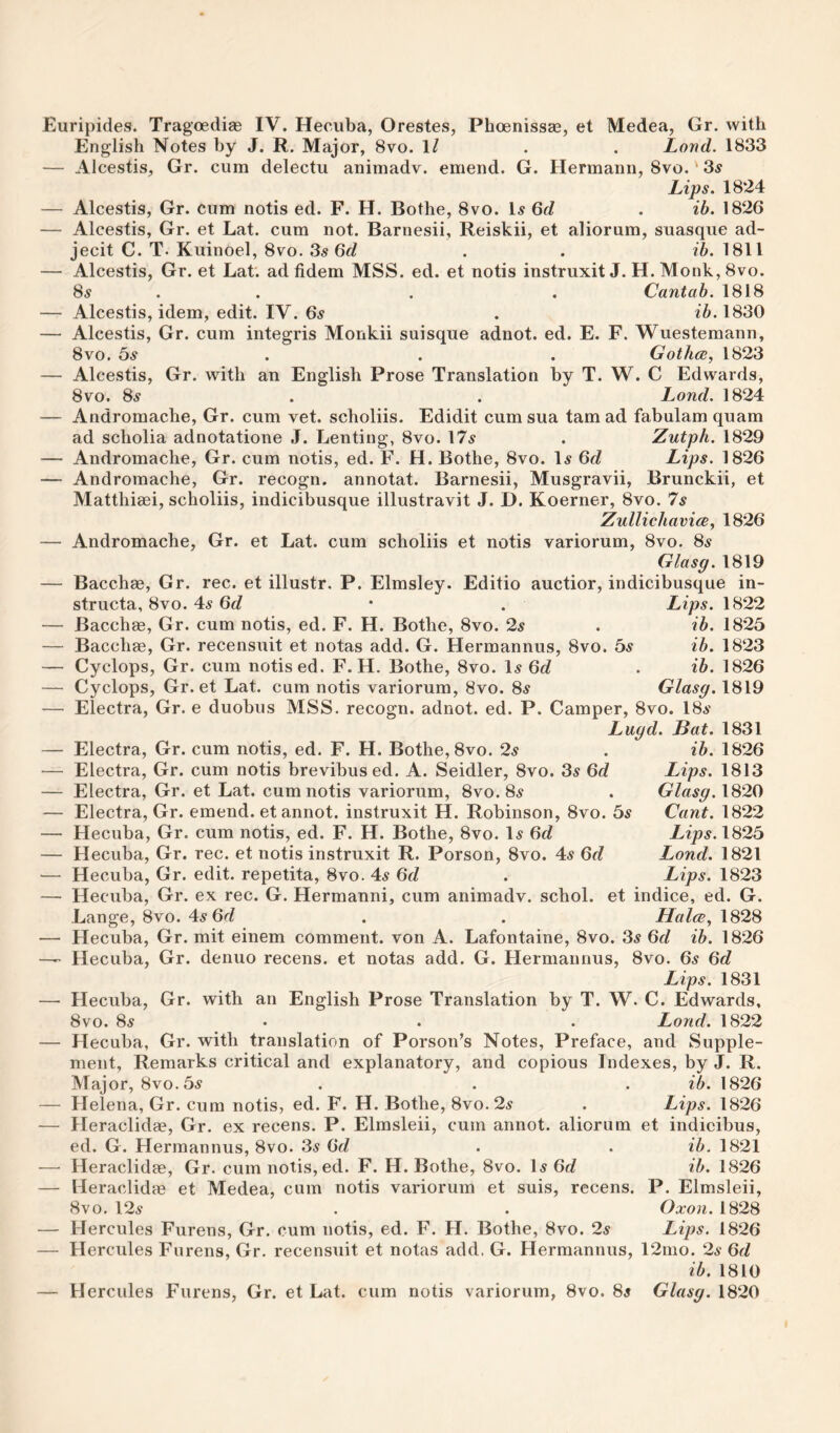 Euripides. Tragoedise IV. Hecuba, Orestes, Phoenissae, et Medea, Gr. with English Notes by J. R. Major, 8vo. 1/ . . Land. 1833 — Alcestis, Gr. cum delectu animadv. emend. G. Hermann, 8vo. ‘ 3^ Lips. 1824 Alcestis, Gr. cum notis ed. F. H. Bothe, 8vo. U Qd ib. 1826 ih. 1826 Glasg. 1819 — Alcestis, Gr. et Lat. cum not. Barnesii, Reiskii, et aliorum, suasque ad- jecit C. T. Kuinoel, 8vo. 3s 6c? . . ih. 1811 — Alcestis, Gr. et Lat. ad fidem MSS. ed. et notis instruxit J. H. Monk, 8vo. 8s . . . . Cantab. 1818 — Alcestis, idem, edit. IV. 6s . ih. 1830 — Alcestis, Gr. cum integris Monkii suisque adnot. ed. E. F. Wuestemann, 8VO. 5s . . . Gothce, 1823 — Alcestis, Gr. with an English Prose Translation by T. W. C Edwards, 8VO. 8s . . Land. 1824 — Andromache, Gr. cum vet. scholiis. Edidit cum sua tarn ad fabulam quam ad scholia adnotatione J. Lenting, 8vo. 17s . Zutph. 1829 — Andromache, Gr. cum notis, ed. F. H. Bothe, 8vo. Is 6d Lips. 1826 — Andromache, Gr. recogn. annotat. Barnesii, Musgravii, Brunckii, et Matthisei, scholiis, indicibusque illustravit J. D. Koerner, 8vo. 7s Zullichavia, 1826 — Andromache, Gr. et Lat. cum scholiis et notis variorum, 8vo. 8s Glasg. 1819 — Bacchae, Gr. rec. et illustr. P. Elmsley. Editio auctior, indicibusque in- structa, 8vo. 4s 6c? • . Lips. 1822 — Bacchce, Gr. cum notis, ed. F. H. Bothe, 8vo. 2s . ib. 1825 — Bacchae, Gr. recensuit et notas add. G. Hermannus, 8vo. 5s ib. 1823 — Cyclops, Gr. cum notis ed. F. H. Bothe, 8vo. Is 6c? — Cyclops, Gr. et Lat. cum notis variorum, 8vo. 8s — Electra, Gr. e duobus MSS. recogn. adnot. ed. P. Camper, 8vo. 18s Lugd. Bat. 1831 — Electra, Gr. cum notis, ed. F. H. Bothe, 8vo. 2s . ib. 1826 — Electra, Gr. cum notis brevibused. A. Seidler, 8vo. 3s 6c? Lips. 1813 — Electra, Gr. et Lat. cum notis variorum, 8vo. 8s . Glasg. 1820 — Electra, Gr. emend, et annot. instruxit H. Robinson, 8vo. 5s Cant. 1822 — Hecuba, Gr. cum notis, ed. F. H. Bothe, 8vo. Is 6c? — Hecuba, Gr. rec. et notis instruxit R. Porson, 8vo. 4s 6c? — Hecuba, Gr. ex rec. G. Hermann!, cum animadv. schol. et indice, ed. G. Lange, 8vo. 4s 6c? . . Hales, 1828 — Hecuba, Gr. mit einem comment, von A. Lafontaine, 8vo. 3s 6c? ih. 1826 — Hecuba, Gr. denuo recens. et notas add. G. Hermannus, 8vo. 6s 6c? Lips. 1831 — Hecuba, Gr. with an English Prose Translation by T. W. C. Edwards, 8vo. 8s • . . Land. 1822 — Hecuba, Gr. with translation of Porson’s Notes, Preface, and Supple¬ ment, Remarks critical and explanatory, and copious Indexes, by J. R. Major, 8vo. 5s . . . ib. 1826 — Helena, Gr. cum notis, ed. F. H. Bothe, 8vo.2s . Lips. 1826 — Heraclidae, Gr, ex recens. P. Elmsleii, cum annot. aliorum et indicibus, ed. G. Hermannus, 8vo. 3s 6c? . . ib. 1821 —• Heraclidae, Gr. cum notis, ed. F. H. Bothe, 8vo. Is 6c? ib. 1826 — Heraclidce et Medea, cum notis variorum et suis, recens. P. Elmsleii, 8vo. 12s . . Oxon. 1828 — Hercules Furens, Gr. cum notis, ed. F. H. Bothe, 8vo. 2s Lips. 1826 — Hercules Furens, Gr. recensuit et notas add. G. Hermannus, 12mo. 2s 6c^ ib. 1810 — Hercules Furens, Gr. et Lat. cum notis variorum, 8vo. 8s Glasg. 1820 Lips. 1825 Land. 1821