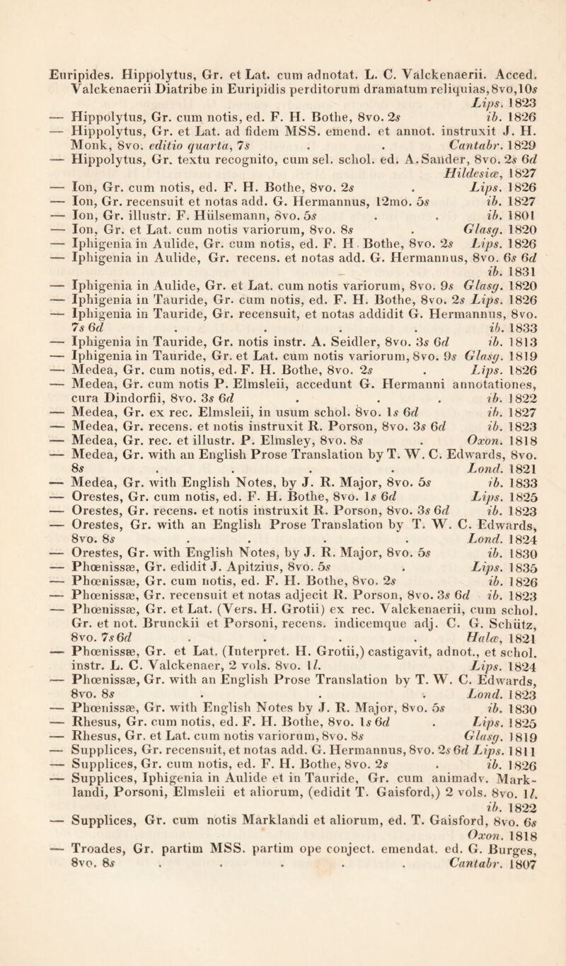 Euripides. Hippolytus, Gr. et Lat. cum adnotat. L. C. Valckenaerii. Acced. Valckenaerii Diatribe in Euripidis perditorum dramatum reliquias,8vo,10^ Lips. 182.3 — Hippolytus, Gr. cum notis, ed. F. H. Botlie, 8vo. 2s ib. 1826 — Hippolytus, Gr. et Lat. ad fidera MSS. emend, et annot. instruxit J. H. Monk, 8vo. editio quarta, 7s . . Cantahr. 1829 — Hippolytus, Gr. textu recognito, cum sel. scliol. ed. A.Sander, 8vo. 2^ 6d Hildesice, 1827 — Ion, Gr. cum notis, ed. F. H. Bothe, 8vo. 2s . Lips. 1826 — Ion, Gr. recensuit et notas add. G. Hermannus, 12mo. os ib. 1827 — Ion, Gr. illustr. F. Hiilsemann, 8vo. 5^ . . ib. 1801 — Ion, Gr. et Lat. cum notis variorum, 8vo. 8^ . Glasg. 1820 — Iplngenia in Aulide, Gr. cum notis, ed. F. H. Bothe, 8vo. 2s Lips. 1826 — Ipliigenia in Aulide, Gr. recens. et notas add. G. Hermannus, 8vo. 6.9 Qd ib. 1831 — Ipliigenia in Aulide, Gr. et Lat. cum notis variorum, 8vo. 9^ Glasg. 1820 — Iphigenia in Tauride, Gr. cum notis, ed. F. H. Bothe, 8vo. 2s Lips. 1826 — Iphigenia in Tauride, Gr. recensuit, et notas addidit G. Hermannus, 8vo. 7s 6d . . . . ib. 1833 — Iphigenia in Tauride, Gr. notis instr. A. Seidler, 8vo. 3^ 6d ib. 1813 Iphigenia in Tauride, Gr. et Lat. cum notis variorum, 8vo. 9^ Glasg. 1819 — Medea, Gr. cum notis, ed. F. H. Bothe, 8vo. 2s — Medea, Gr. cum notis P. Elmsleii, accedunt G. Hermanni cura Dindorfii, 8vo. 3^ 6^7 . . — Medea, Gr. ex rec. Elmsleii, in usum schol. 8vo. D Qd — Medea, Gr. recens. et notis instruxit R. Porson, 8vo. 3^ Gd Medea, Gr. rec. et illustr. P. Elmsley, 8vo. Ss Lips. 1826 annotationes, 2b. 1822 ib. 1827 ib. 1823 Oxon. 1818 — Medea, Gr. with an English Prose Translation by T. W. C. Edwards, 8vo. Land. 1821 ib. 1833 Lips. 1825 ib. 1823 C. Edwards, Land. 1824 ib. 1830 Lips. 1835 ib. 1826 8^ — Medea, Gr. with English Notes, by J. R. Major, 8vo. bs •— Orestes, Gr. cum notis, ed. F. H. Bothe, 8vo. \s 6d — Orestes, Gr. recens. et notis instruxit R. Porson, 8vo. 3^ 6d — Orestes, Gr. with an English Prose Translation by T. W. 8vo. 8^ . . . — Orestes, Gr. with English Notes, by J. R. Major, 8vo. bs — Phoenissee, Gr. edidit J. Apitzius, 8vo. bs — Phoenissa3, Gr. cum notis, ed. F. H. Bothe, 8vo. 2s Phoenissae, Gr. recensuit et notas adjecit R. Porson, 8vo. 3^ Gd ib. 1823 Phoenissae, Gr. et Lat. (Vers. H. Grotii) ex rec. Valckenaerii, cum schol. Gr. et not. Brunckii et Porsoni, recens. indicemque adj. C. G. Schiitz, 8VO. 7sGd . . . . Halce, 1821 Phoenissae, Gr. et Lat. (Interpret. H. Grotii,) castigavit, adnot., et schol. instr. L. C. Valckenaer, 2 vols. 8vo. \l. L^ips. 1824 Phoenissae, Gr. with an English Prose Translation by T. W. C. Edwards, 8vo. Ss . . . Land. 1823 Phoenissae, Gr. with English Notes by J. R. Major, 8vo. bs ib. 1830 Rhesus, Gr. cum notis, ed. F. H. Bothe, 8vo. 1^6^^ . Lips. 1825 Rhesus, Gr. et Lat. cum notis variorum, 8vo. 8.9 Glasg. 1819 Supplices, Gr. recensuit, et notas add. G. Hermannus, 8vo. 2s Gd Lips. 1811 Supplices, Gr. cum notis, ed. F. H. Bothe, 8vo. 2s . ib. 1826 Supplices, Iphigenia in Aulide et in Tauride, Gr. cum animadv. Mark- landi, Porsoni, Elmsleii et aliorum, (edidit T. Gaisford,) 2 vols. 8vo. 1/. ib. 1822 Supplices, Gr. cum notis Marklandi et aliorum, ed. T. Gaisford, 8vo. Gs Oxon. 1818 Troades, Gr. partim MSS. partim ope conject. emendat. ed. G. Burges, 8vo. 8^ . . . . . Cantahr. 1807