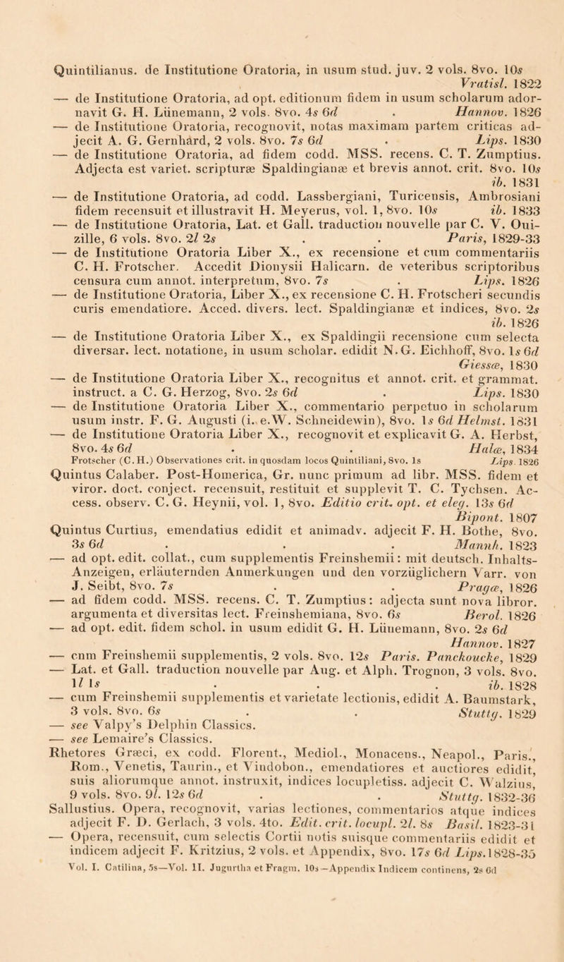 , Vratisl. 1822 — de Institutione Oratoria, ad opt. editionum fidem in usum scholarura ador- navit G. H. Liinemann, 2 vols. 8vo. 4^ Qd . Hannov. 1826 — de Institutione Oratoria, recognovit, notas maximam partem criticas ad- jecit A. G. Gernliard, 2 vols. 8vo. Is Gd . Lips, 1830 — de Institutione Oratoria, ad fidem codd. MSS. recens. C. T. Zumptius. Adjecta est variet. scripture Spaldingianae et brevis annot. crit. 8vo. IO.9 ib. 1831 — de Institutione Oratoria, ad codd. Lassbergiani, Turicensis, Ambrosiani fidem recensuit et illustravit H. Meyerus, vol. 1, 8vo. 10^ ih. 1833 — de Institutione Oratoria, Lat. et Gall, traduction nouvelle par C. Y. Oui- zille, 6 vols. 8VO. 2l 2s . . Paris, 1829-33 — de Institutione Oratoria Liber X., ex recensione et cum commentariis C. H. Frotscher, Accedit Dionysii Halicarn. de veteribus scriptoribus censura cum annot. interpretum, 8vo. 7^ . Lips, 1826 ■— de Institutione Oratoria, Liber X., ex recensione C. H. Frotscheri secundis curis emendatiore. Acced. divers, lect. Spaldingianae et indices, 8vo. ‘2s ih. 1826 — de Institutione Oratoria Liber X., ex Spaldingii recensione cum selecta diversar. lect. notatione, in usum scholar, edidit N.G. EichhofF, 8vo. I.y6r/ GiesscB, 1830 — de Institutione Oratoria Liber X., recognitus et annot. crit. et grammat. instruct, a C. G. Herzog, 8vo. 2s 6d . Lips. 1830 — de Institutione Oratoria Liber X., commentario perpetuo in scbolarum usum instr. F. G. Angusti (i.ve.W. Schneidewin), 8vo. \s 6d Helmst. 1831 — de Institutione Oratoria Liber X., recognovit et explicavit G. A. Herbst, 8vo. 45 6rf . . Halee, 1834 Frotscher (C.H.) Observationes crit. in quosdam locos Quintiliani, 8vo. Is L,ips. 1826 Quintus Calaber. Post-Homerica, Gr. nunc primum ad libr. MSS. fidem et viror. doct. conject. recensuit, restituit et supplevit T. C. Tychsen. Ac¬ cess. observ. C. G. Heynii, vol. 1,8vo. Editio crit.. opt. et eleg. 13^ 6r/ Bipont. 1807 Quintus Curtius, emendatius edidit et animadv. adjecit F. H. Bothe, 8vo. 35 6d . . . Mann/i. 1823 — ad opt. edit, collat., cum supplements Freinsbemii: mit deutsch. Inhalts- Anzeigen, erlauternden Anmerkungen und den vorziiglicbern Varr. von J. Seibt, 8vo. 75 ^ . . Pragee, \826 — ad fidem codd. MSS. recens. C. T. Zumptius: adjecta sunt nova libror. argumenta et diversitas lect. Freinsbemiana, 8vo. 65 Berol. 1826 — ad opt. edit, fidem schol. in usum edidit G. H. Liinemann, 8vo. 25 Gd Hannov. 1827 — enm Freinsbemii supplements, 2 vols. 8vo. 125 Paris. Panckoucke, 1829 — Lat. et Gall, traduction nouvelle par Aug. et Alph. Trognon, 3 vols. 8vo. H . . . io, 1828 — cum Freinsbemii supplements et varietate lectionis, edidit A. Baumstark, 3 vols. 8vo. 65 . . Stuttg. 1829 — see Valpy’s Delpbin Classics. — see Lemaire^s Classics. Rhetores Graeci, ex codd. Florent., Mediol., Monacens., Neapol., Paris.', Rom., Venetis, Taurin., et Vindobon., emendatiores et auctiores edidit^ suis alioriirnque annot. instruxit, indices locupletiss. adjecit C. Walzins' 9 vols. 8vo. 9Z. 125 6r/ . . 1832-36 Sallustius. Opera, recognovit, varias lectiones, commentaries atque indices adjecit F. D. Gerlacli, 3 vols. 4to. Edit. crit. locupl. 21. 85 Basil. 1823-31 — Opera, recensuit, cum selects Cortii notis suisque commentariis edidit et indicem adjecit F. Kritzius, 2 vols. et Appendix, 8vo. 175 Gd Lips.\828-3o Vol. I. Catilina, 5s—Vol. II. Jugnrtha et Fragm. lOs—Appendix indieem continens, 2s Od