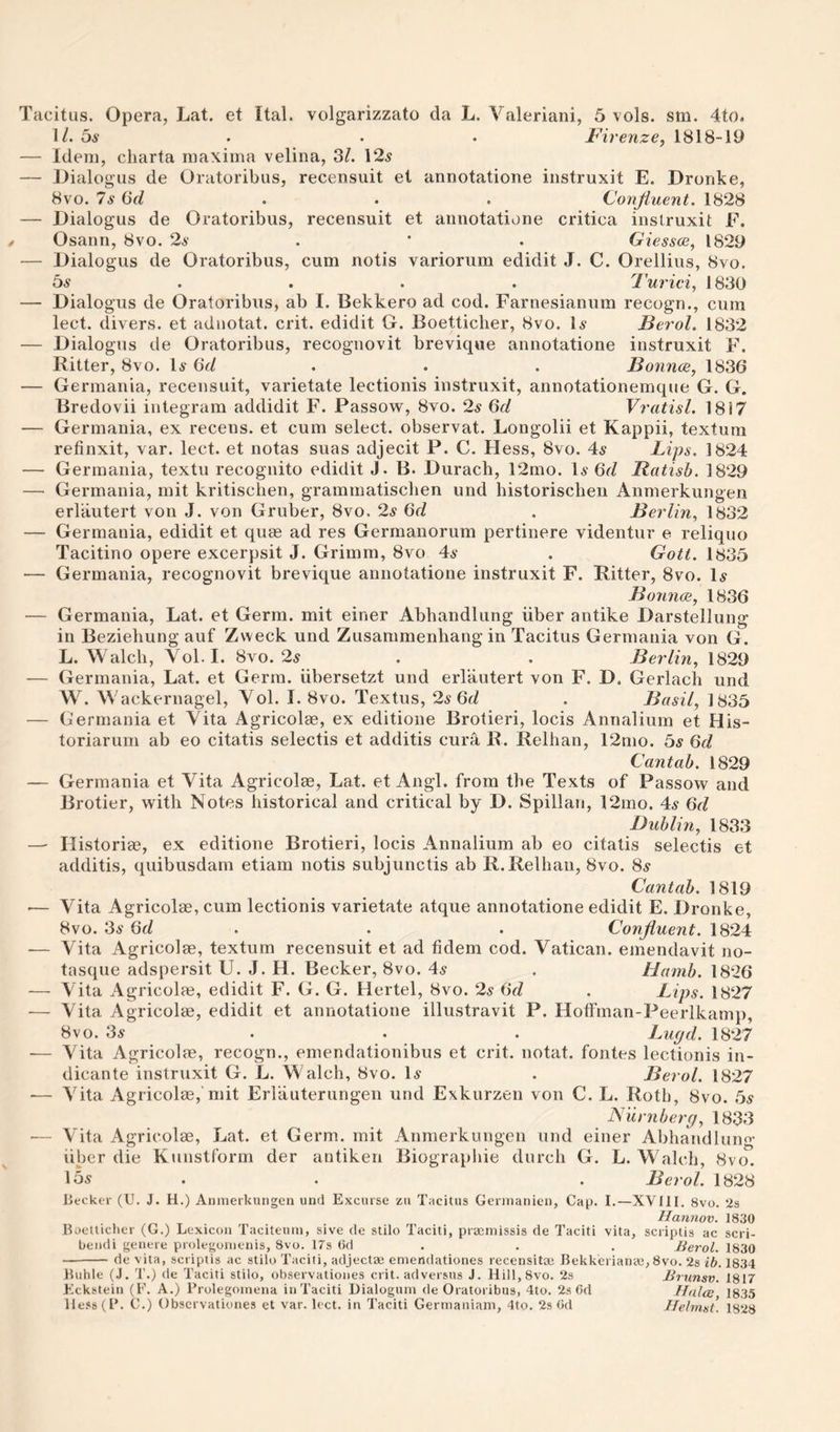 Tacitus. Opera, Lat. et Ital. volgarizzato da L. Valeriani, 5 vols. sm. 4to. M. 6s . . . Firenze, 1818-19 — Idem, cliarta maxima velina, 3/. 12^ — Dialogus de Oratoribiis, recensuit et annotatione instruxit E. Dronke, 8vo. Is 6d . . . Conjiuent, 1828 — Dialogus de Oratoribus, recensuit et annotatione critica instruxit E. Osann, 8vo. 2s . Giessce, 1829 — Dialogus de Oratoribus, cum notis variorum edidit J, C. Orellius, 8vo. 6s ... . Turici, 1830 — Dialogus de Oratoribus, ab I. Bekkero ad cod. Farnesiannm recogn., cum lect. divers, et adnotat. crit. edidit G. Boetticlier, 8vo. D Berol. 1832 — Dialogus de Oratoribus, recognovit breviqwe annotatione instruxit F. Ritter, 8vo. D 6d . . . Bounce, 1836 — Germania, recensuit, varietate lectionis instruxit, annotationemque G. G. Bredovii integram addidit F. Passow, 8vo. 2s 6d Vratisl. 1817 — Germania, ex recens. et cum select, observat. Longolii et Kappii, textum refinxit, var. lect. et notas suas adjecit P. C. Hess, 8vo. 4^ Lips. 1824 — Germania, textu recognito edidit J. B. Durach, 12mo. D 6d Ratisb. 1829 — Germania, mit kritischen, grammatisclien und historischen Anmerkungen erlautert von J. von Gruber, 8vo. 2s 6d . Berlin, 1832 — Germania, edidit et qum ad res Gerraanorum pertinere videntur e reliquo Tacitino opere excerpsit J. Grimm, 8vo 4a’ . Gott. 1835 — Germania, recognovit brevique annotatione instruxit F. Ritter, 8vo. H Bonnoe, 1836 — Germania, Lat. et Germ, mit einer Abbandlung iiber antike Darstellung in Bezielmng auf Zvveck und Zusammenhang in Tacitus Germania von G. L. Walcli, Yol.I. 8vo. 25 . . Berlin, 1829 — Germania, Lat. et Germ, iibersetzt und erlautert von F. D. Gerlach und W. Wackernagel, Vol. I. 8vo. Textus, 2s Qd . Basil, 1835 — Germania et Vita Agricolae, ex editione Brotieri, locis Annalium et His- toriarum ab eo citatis selectis et additis cura R. Relhan, 12mo. 6s 6d Cantab. 1829 — Germania et Vita Agricolm, Lat. et Angl. from the Texts of Passow and Brotier, with Notes historical and critical by D. Spillan, 12mo. 45 6d Dublin, 1833 — Historiee, ex editione Brotieri, locis Annalium ab eo citatis selectis et additis, quibusdam etiam notis subjunctis ab R.Relhan, 8vo. 85 Cantab. 1819 ■— Vita Agricolae, cum lectionis varietate atque annotatione edidit E. Dronke, 8vo. 35 Qd . . . Confluent. 1824 — Vita Agricolae, textum recensuit et ad fidem cod. Vatican, emendavit no- tasque adspersit U. J. H. Becker, 8vo. 45 . Hamb. 1826 — Vita Agricolae, edidit F. G. G. Hertel, 8vo. 2s (id . Lips. 1827 •— Vita Agricolae, edidit et annotatione illustravit P. Hoffman-Peerlkamp, 8vo. 35 . . . Lufjd. 1827 — Vita Agricolae, recogn., emendationibus et crit. notat. fontes lectionis in- dicante instruxit G. L. Walch, 8vo. I5 . Berol. 1827 — Vita Agricolae, mit Erlauternngen und Exkurzen von C. L. Roth, 8vo. 6s Niirnberp, 1833 •— Vita Agricolae, Lat. et Germ, mit Anmerkungen und einer Abhandlung iiber die Kunstform der antiken Biographic durch G. L. Walch, 8vo. 155 . . . Berol. 1828 Decker (U. J. H.) Anmerkungen unrl Excurse zu Tucitus Gennanien, Cap. I.—XVIII. 8vo. 2s llannov. 1830 Boetticlier (G.) Lexicon Taciteuin, sive de stilo Taciti, praemissis de Taciti vita, scriptis ac scri- bendi genere prolegomenis, 8vo. 17s (id . . . Berol. 1830 —- de vita, scriptis ac stilo Taciti, adjectse emendationes recensitaj Bekkerianai, 8vo. 2s ib. 1834 Buhle (.1. T.) de Taciti stilo, observationes crit. adversus J. Hill,8vo. 2s Brunsv. 1817 Eckstein (E. A.) Prolegomena in Taciti Dialogum de Oratoribus, 4to. 2s Cd IltdcB 1835