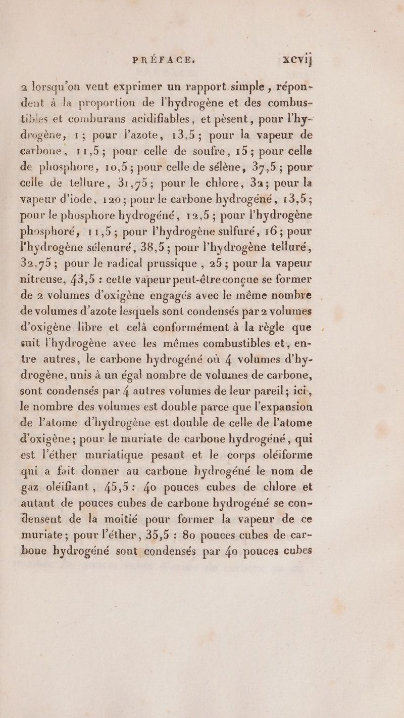 2 lorsqu'on veut exprimer un rapport simple , répon- dent à la proportion de l'hydrogène et des combus- tibles et coniburans acidifiables, et pèsent, pour lhy- drogène, 1; pour lazote, 13,5; pour Ja vapeur de carbone, 11,53; pour celle de soufre, 15; pour celle de phosphore, 10,5 ; pour celle de sélène, 37,5 ; pour celle de tellure, 31,75; pour le chlore, 32; pour la vapeur d’iode, 120; pour le carbone hydrogené, 13,5; pour le phosphore hydrogéné, 12,5 ; pour Phydrogène phosphoré, 11,5; pour l’hydrogène sulfuré, 16 ; pour l'hydrogène sélenuré, 38,5 ; pour l'hydrogène telluré, 32,75 ; pour le radical prussique , 25 ; pour la vapeur nitreuse, 43,5 : cette vapeur peut-être conçue se former de 2 volumes d'oxigène engagés avec le même nombre de volumes d’azote lesquels sont condensés par 2 volumes d'oxigène libre et celà conformément à la règle que suit l'hydrogène avec les mêmes combustibles et, en- tre autres, le carbone hydrogéné où 4 volumes d’hy- drogène, unis à un égal nombre de voluines de carbone, sont condensés par 4 autres volumes de leur pareil ; ici, le nombre des volumes est double parce que l'expansion de l’atome d'hydrogène est double de celle de l'atome d'oxigène ; pour le muriate de carbone hydrogéné , qui est l’éther muriatique pesant et le corps oléiforme qui a fait donner au carbone hydrogéné le nom de gaz oléifiant, 45,5: 40 pouces cubes de chlore et autant de pouces cubes de carbone hydrogéné se con- densent de la moitié pour former la vapeur de ce muriate; pour l’éther, 35,5 : 80 pouces cubes de car- bone hydrogéné sont condensés par 4a pouces cubes