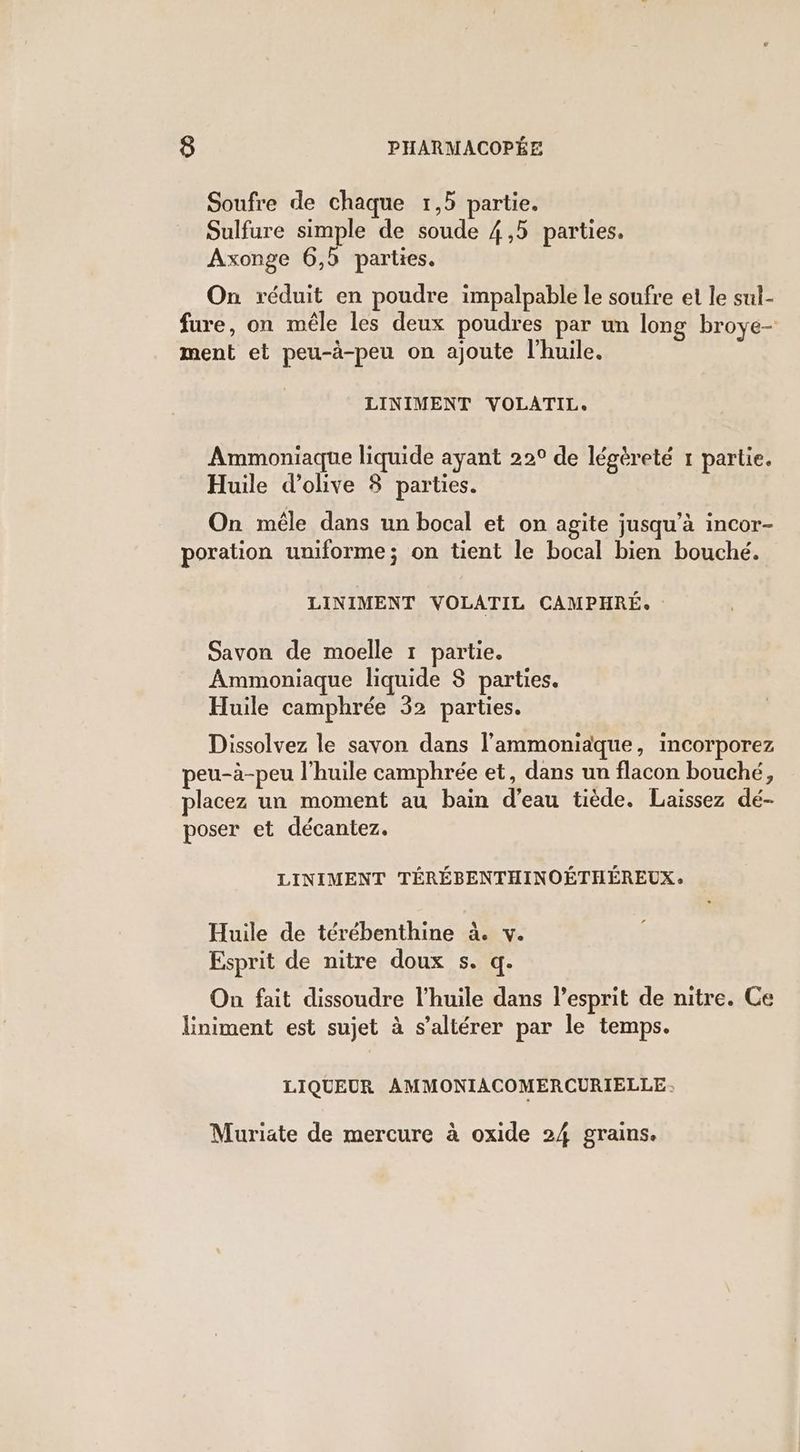 Soufre de chaque 1,5 partie. Sulfure simple de soude 4,5 parties. Axonge 6,9 parties. On réduit en poudre impalpable le soufre et le sul- fure, on mêle les deux poudres par un long broye- ment et peu-à-peu on ajoute l'huile. LINIMENT VOLATIL. Ammoniaque liquide ayant 22° de légèreté 1 partie. Huile d'olive $ parties. On mêle dans un bocal et on agite jusqu’à incor- poration uniforme; on tient le bocal bien bouché. LINIMENT VOLATIL CAMPHRÉ. Savon de moelle 1 partie. Ammoniaque liquide $ parties. Huile camphrée 32 parties. Dissolvez le savon dans l’ammoniaque, incorporez peu-à-peu l'huile camphrée et, dans un flacon bouché, placez un moment au bain d’eau tiède. Laissez dé- poser et décantez. LINIMENT TÉRÉBENTHINOÉTHÉREUX, Huile de térébenthine à. v. Esprit de nitre doux s. q. On fait dissoudre l'huile dans l'esprit de nitre. Ce liniment est sujet à s’altérer par le temps. LIQUEUR AMMONIACOMERCURIELLE: Muriate de mercure à oxide 24 grains.