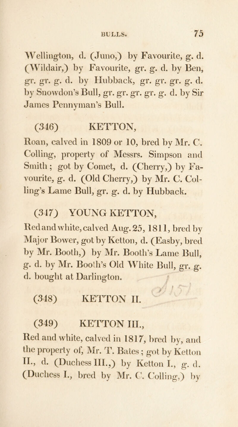 Wellington, d. (Juno,) by Favourite, g. d. (Wildair,) by Favourite, gr. g. d. by Ben, gr. gr. g. d. by Hubback, gr. gr. gr. g. d. by Snowdon’s Bull, gr. gr. gr. gr. g. d. by Sir James Penny man’s Bull. (346) KETTON, Roan, calved in 1809 or 10, bred bv Mr. C. Colling, property of Messrs. Simpson and Smith ; got by Comet, d. (Cherry,) by Fa- vourite, g. d. (Old Cherry,) by Mr. C. Col- ling’s Lame Bull, gr. g. d. by Hubback. (347) YOUNG KETTON, Red and white, calved Aug. 25, 1811, bred by Major Bower, got by Ketton, d. (Easby, bred by Mr. Booth,) by Mr. Booth’s Lame Bull, g. d. by Mr. Booth’s Old White Bull, gr. g. d. bought at Darlington. & A f-y! / 5*y (348) KETTON II. (349) KETTON III., Red and white, calved in 1817, bred by, and the property of, Mr. T. Bates; got by Ketton II., d. (Duchess III.,) by Ketton I., g. d. (Duchess I., bred by Mr. C. Colling,) by