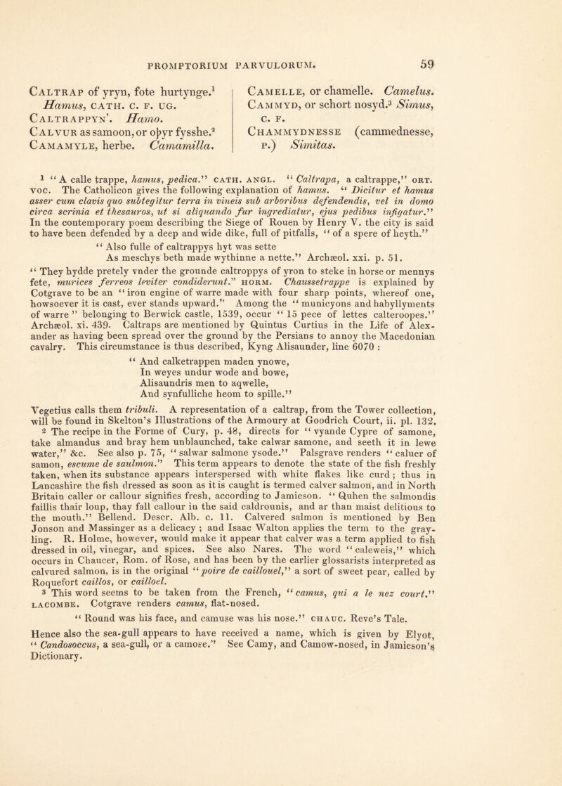 Caltrap of yryn, fote hurtynge.1 Hamus, cath. c. f. ug. Caltrappyn’. Hamo. Calvur as samoon,or ojiyr fysshe.2 Camamyle, herbe. Camamilla. Camelle, or chamelle. Camelus. Cammyd, or schort nosyd.3 Simus, c. F. Chammydnesse (cammednesse, p.) Similas. 1 u A calle trappe, hamus, pedica.'1’ cath. angl. “ Caltrapa, a caltrappe,” ort. voc. The Catholicon gives the following explanatiori of hamus. “ Dicitur et hamus asser cum clavis quo subtegitur terra in vineis sub arboribus defendendis, vel in domo circa scrinia et thesauros, ut si aliquando fur ingrediatur, ejus pedibus infigatur.” In the contemporary poem describing the Siege of Rouen by Henry V. the city is said to have been defended by a deep and wide dike, full of pitfalls, “ of a spere of heyth.” “ Also fulle of caltrappys hyt was sette As meschys beth made wythinne a nette.” Archseol. xxi. p. 51. “ They hydde pretely vnder the grounde caltroppys of yron to steke in horse or mennys fete, murices ferreos leviter condiderunthorm. Chaussetrappe is explained by Cotgrave to be an “ iron engine of warre made with four sharp points, whereof one, howsoever it is cast, ever stands upward.” Among the “ municyons and habyllymerits of warre ” belonging to Berwick castle, 1539, occur “ 15 pece of lettes calteroopes.” Archseol. xi. 439- Caltraps are mentioned by Quintus Curtius in the Life of Alex- ander as having been spread over the ground by the Persians to annoy the Macedonian cavalry. This circumstance is thus described, Kyng Alisaunder, line 6070 : “ And calketrappen maden ynowe, In weyes undur wode and bowe, Alisaundris men to aqwelle, And svnfulliche heom to spille.” Vegetius calls them tribuli. A representation of a caltrap, from the Tower collection, •will be found in Skelton’s Illustrations of the Armoury at Goodrich Court, ii. pl. 132. 2 The recipe in the Forme of Cury, p. 48, directs for “ vyande Cypre of samone, take almandus and bray hem unblaunched, take calwar samone, and seeth it in lewe water,” &c. See also p. 73, “ salwar salmone ysode.” Palsgrave renders “ caluer of samon, escume de saulmon.11 This term appears to denote the state of the fish freshly taken, when its substance appears interspersed with white flakes like curd ; thus in Lancashire the fish dressed as soon as itis caught is termed calver salmon, and in North Britain caller or callour signifies fresh, according to Jamieson. “ Quhen the salmondis faillis thair loup, thay fall callour in the said caldrounis, and ar than maist delitious to the mouth.” Bellend. Descr. Alb. c. 11. Calvered salmon is mentioned by Ben Jonson and Massinger as a delicacy ; and Isaac Walton applies the term to the gray- ling. R. Holme, however, would make it appear that calver was a term applied to fish dressed in oil, vinegar, and spices. See also Nares. The word “caleweis,” which occurs in Chaucer, Rom. of Rose, and has been by the earlier glossarists interpreted as calvured salmon, is in the original “ poire de caillouel,11 a sort of sweet pear, called by Roquefort caillos, or cailloel. 3 This word seems to be taken from the French, u camus, qui a le nez court.11 lacombe. Cotgrave renders camus, flat-nosed. “ Round was his face, and camuse was his nose.” chauc. Reve’s Tale. Hence also the sea-gull appears to have received a name, which is given by Elyot, “ Candosoccus, a sea-gull, or a carnose.’’ See Camy, and Camow-nosed, in JamiesoiFs Dictionary.