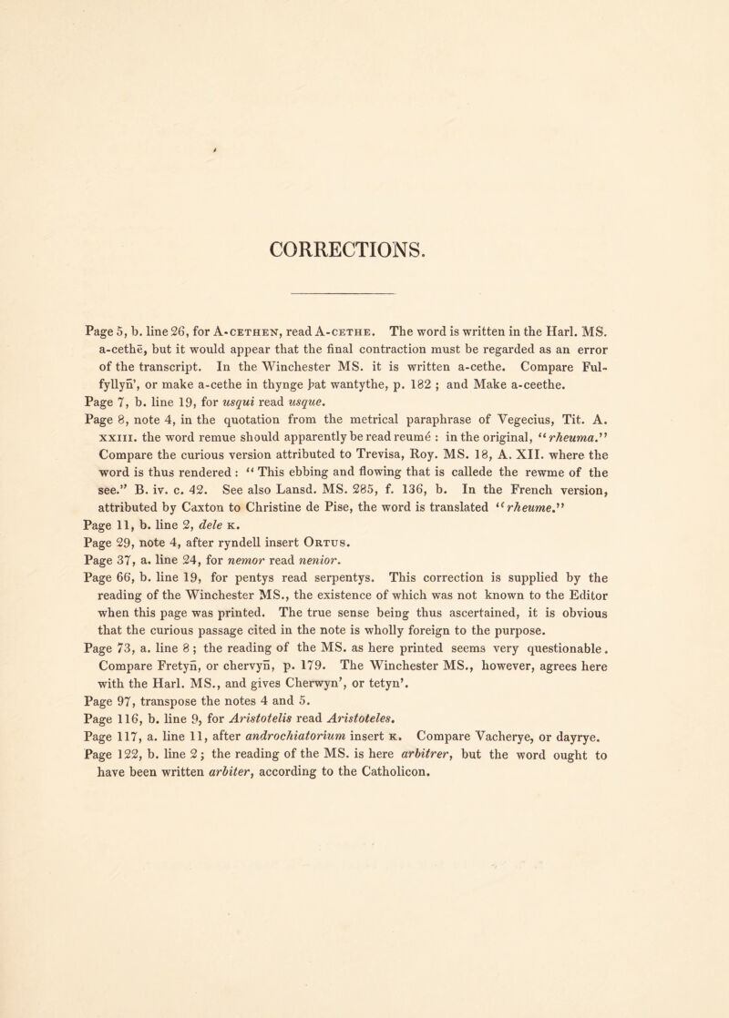 CORRECTIONS. Page 5, b. line 26, for A*cethen, read A-cethe. The word is written in the Harl. MS. a-cethe, but it would appear that the final contraction must be regarded as an error of the transcript. In the Winchester MS. it is written a-cethe. Compare Fui- fyllyn’, or make a-cethe in thynge jpat wantythe, p. 182 ; and Make a-ceethe. Page 7, b. line 19, for usqui read usque. Page 8, note 4, in the quotation from the metrical paraphrase of Vegecius, Tit. A. xxiii. the word remue should apparently be read reumd : in the original, “rheuma” Compare the curious version attributed to Trevisa, Roy. MS. 18, A. XII. where the word is thus rendered : “ This ebbing and flowing that is callede the rewme of the see.’’ B. iv. c. 42. See also Lansd. MS. 285, f. 136, b. In the French version, attributed by Caxton to Christine de Pise, the word is translated iCrheume.” Page 11, b. line 2, dele k. Page 29, note 4, after ryndell insert Ortus. Page 37, a. line 24, for nemor read nenior. Page 66, b. line 19, for pentys read serpentys. This correction is supplied by the reading of the Winchester MS., the existence of which was not known to the Editor when this page was printed. The true sense being thus ascertained, it is obvious that the curious passage cited in the note is wholly foreign to the purpose. Page 73, a. line 8 ; the reading of the MS. as here printed seems very questionable. Compare Fretyn, or chervyn, p. 179. The Winchester MS., however, agrees here with the Harl. MS., and gives Cherwyn’, or tetyn’. Page 97, transpose the notes 4 and 5. Page 116, b. line 9, for Aristotelis read Aristoteles. Page 117, a. line 11, after androchiatorium insert k. Compare Vacherye, or dayrye. Page 122, b. line 2; the reading of the MS. is here arbitrer, but the word ought to have been written arbiter, according to the Catholicon.