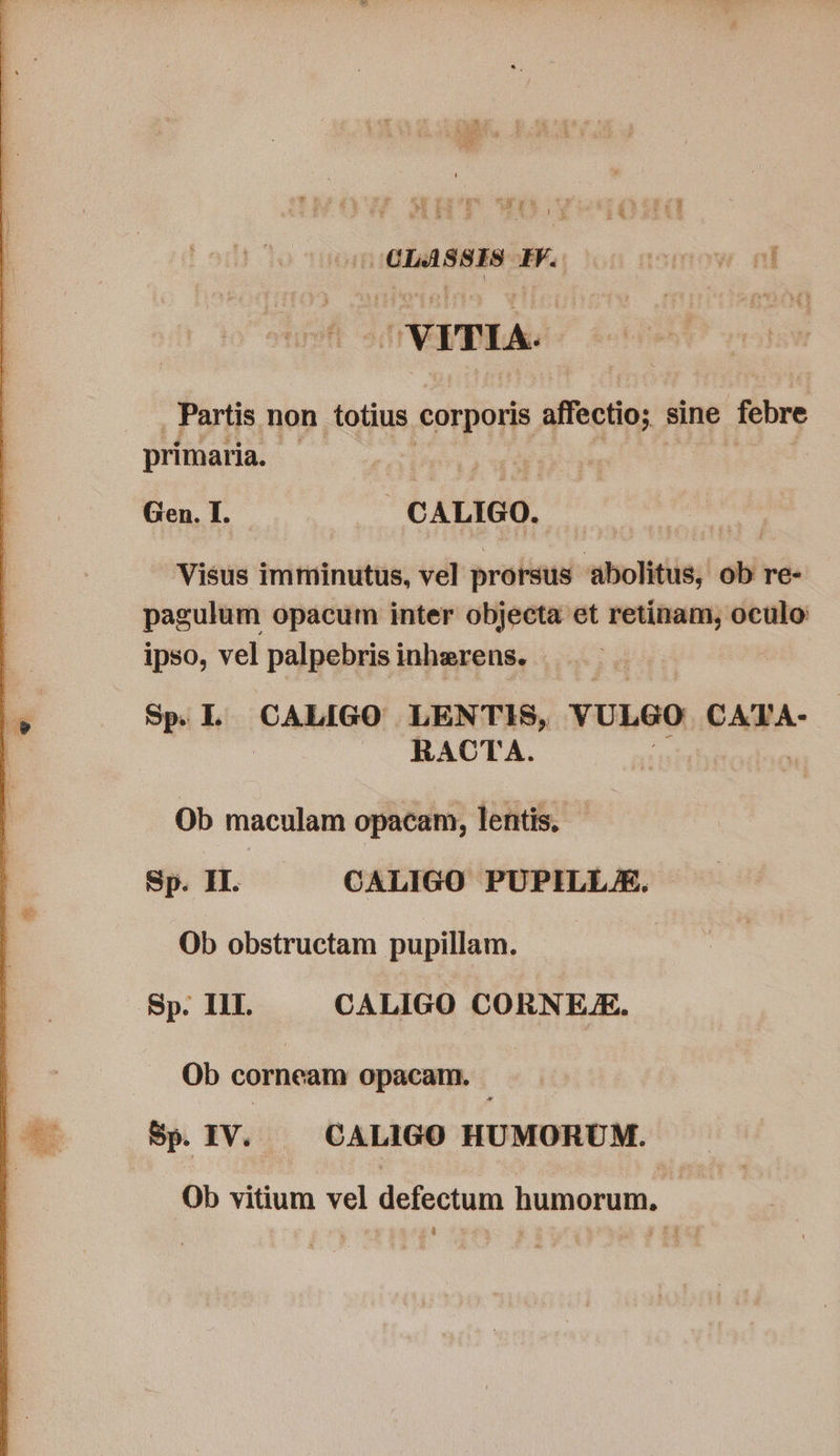  E  4 1 b CLASSIS ad T iow. ed ^ VITIA. . Partis non totius corporis affectio; sine febre prímaria. Gen. I. | CALIGO. Visus imminutus, vel prorsus abolitus, ob re- pagulum opacum inter objecta et retinam, oculo ipso, vel palpebris inherens. Sp L CALIGO LENTIS, VULGO CATA- RACTA. Ob maculam opacam, lentis, Sp. I CALIGO PUPILLA. Ob obstructam pupillam. Sp. ILL CALIGO CORNE.JE. Ob corneam opacam. | Sp. IV. CALIGO HUMORUM. Ob vitium vel defectum humorum, - a : :