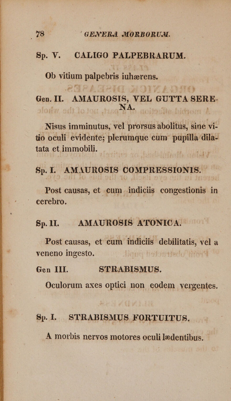 Sp. V. CALIGO PALPRRUARUM. Ob von » palpebris iuluerens, 4 Gen. L3 AMAUROSIS, VEL GUTTA SLE NA. PAK imminutus, vel prorsus ibit sine vi- tio oculi evidente; plerumque cum pupilla dila- tata et immobili. Sp.I. AMAUROSIS COMPRESSIONIS. - Post causas, et cum indiciis congestionis in  S$p.1L AMAUROSIS ATONICA. Post causas, et cum indiciis ——Ó - a veneno ingesto. | Gen IIL. STRABISMUS. Oculorum axes optici non eodem vergentes. Sp. 1. STRABISMUS FORTUITUS. A morbis nervos motores oculi ledentibus.