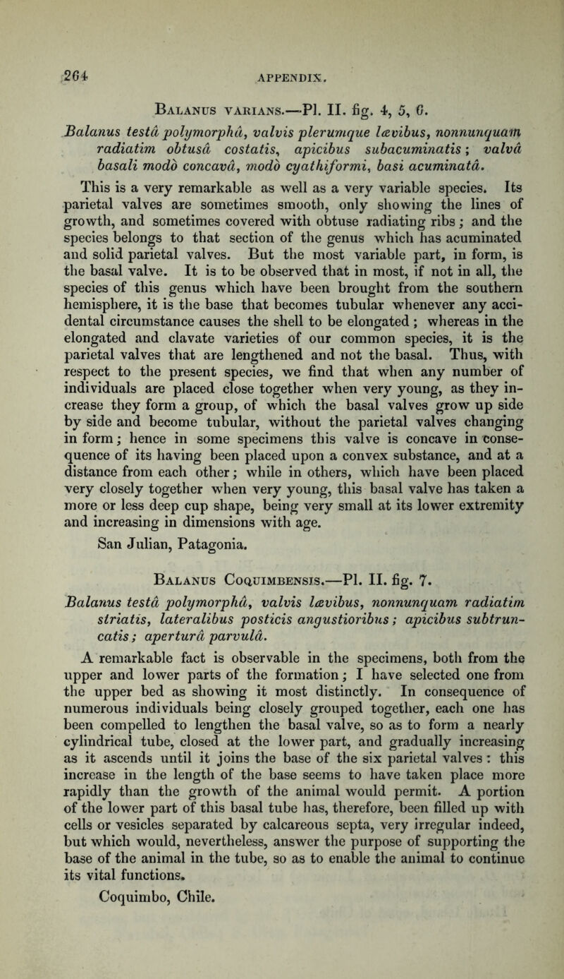 Balanus varians.—PI. II. fig. 4, 5, 6. Balanus testa polymorphd, valvis pier unique lavibus, nonnunquam radiatim obtusd costatis, apicibus subacuminatis; valvd basali modo concavd, modo cyathiformi, basi acuminata. This is a very remarkable as well as a very variable species. Its parietal valves are sometimes smooth, only showing the lines of growth, and sometimes covered with obtuse radiating ribs; and the species belongs to that section of the genus which has acuminated and solid parietal valves. But the most variable part, in form, is the basal valve. It is to be observed that in most, if not in all, the species of this genus which have been brought from the southern hemisphere, it is the base that becomes tubular whenever any acci- dental circumstance causes the shell to be elongated ; whereas in the elongated and clavate varieties of our common species, it is the parietal valves that are lengthened and not the basal. Thus, with respect to the present species, we find that when any number of individuals are placed close together when very young, as they in- crease they form a group, of which the basal valves grow up side by side and become tubular, without the parietal valves changing in form; hence in some specimens this valve is concave in conse- quence of its having been placed upon a convex substance, and at a distance from each other; while in others, which have been placed very closely together when very young, this basal valve has taken a more or less deep cup shape, being very small at its lower extremity and increasing in dimensions with age. San Julian, Patagonia. Balanus Coquimbensis.—PI. II. fig. 7. Balanus testa polymorphd, valvis lavibus, nonnunquam radiatim slriatis, lateralibus posticis angustioribus; apicibus subtrun- catis; aperturd parvula. A remarkable fact is observable in the specimens, both from the upper and lower parts of the formation; I have selected one from the upper bed as showing it most distinctly. In consequence of numerous individuals being closely grouped together, each one has been compelled to lengthen the basal valve, so as to form a nearly cylindrical tube, closed at the lower part, and gradually increasing as it ascends until it joins the base of the six parietal valves : this increase in the length of the base seems to have taken place more rapidly than the growth of the animal would permit. A portion of the lower part of this basal tube has, therefore, been filled up with cells or vesicles separated by calcareous septa, very irregular indeed, but which would, nevertheless, answer the purpose of supporting the base of the animal in the tube, so as to enable the animal to continue its vital functions. Coquimbo, Chile.