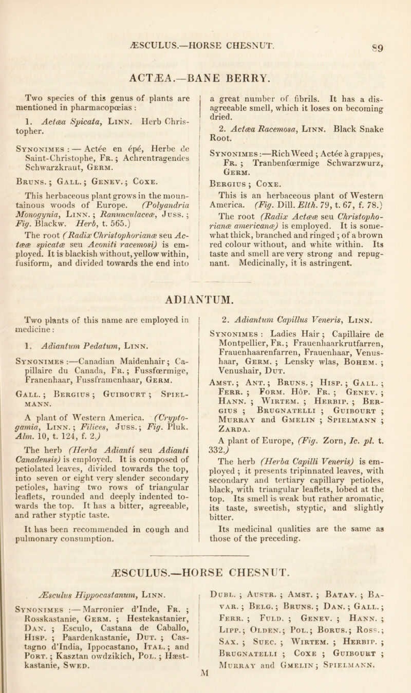 ACTMA.—BANE BERRY. Two species of this genus of plants are { mentioned in pharmacopoeias : 1. Actcea Spicata, Linn. Herb Chris- topher. Synonimes : — Act^e en ^pd, Herbe de Saint-Christophe, Fr. ; Achrentragendes j Schwarzkraut, Germ. Bruns. ; Gall. ; Genev. ; Coxe. This herbaceous plant grows in the moun- tainous woods of Europe. (Polyandria Monogynia, Linn. ; Ranunculacece, Juss. ; Fig. Blackw. Herb, t. 565.) The root (Radioc Christophoriance seu .4c- tcece spicatce seu Aconiti racemosi) is em- ployed. It is blackish without, yellow within, fusiform, and divided towards the end into a great number of fibrils. It has a dis- agreeable smell, which it loses on becoming dried. 2. Actcea Racemosa, Linn. Black Snake Root. Synonimes :—Rich Weed ; Act^e agrappes, Fr. ; Tranbenfcermige Schwarzwurz, Germ. Bergius ; Coxe. This is an herbaceous plant of Western America. (Fig. Dill. Etth. 79, t. 67, f. 78.) The root (Radix Actcece seu Christopho- riance americance) is employed. It is some- what thick, branched and ringed ; of a brown red colour without, and white within. Its taste and smell are very strong and repug- nant. Medicinally, it is astringent. ADIANTUM. Two plants of this name are employed in medicine : 1. Adiantum Pedatum, Linn. Synonimes:—Canadian Maidenhair; Ca- pillaire du Canada, Fr. ; Fussfcermige, Franenhaar, Fussframenhaar, Germ, Gall. ; Bergius ; Guibourt ; Spiel- MANN. A plant of Western America. (Crypto- gamia, Linn.; Filices, Juss.; Fig. Pluk. Aim. 10, t. 124, f. 2.) The herb (Herba Adianti seu Adianti Canadensis) is employed. It is composed of petiolated leaves, divided towards the top, into seven or eight very slender secondary petioles, having two rows of triangular leaflets, rounded and deeply indented to- wards the top. It has a bitter, agreeable, and rather styptic taste. It has been recommended in cough and pulmonary consumption. 2. Adiantum Ccipillus Veneris, Linn. Synonimes: Ladies Hair; Capillaire de Montpellier, Fr.; Frauenhaarkrutfarren, Frauenhaarenfarren, Frauenhaar, Venus- haar, Germ. ; Lensky wlas, Bohem. ; Venushair, Dut. Amst. ; Ant. ; Bruns. ; Hisp. ; Gall. ; Ferr. ; Form. Hop. Fr. ; Genev. ; Hann. ; Wirtem. ; Herbip. ; Ber- gius ; Brugnatelli ; Guibourt ; Murray and Gmelin ; Spielmann ; Zarda. A plant of Europe, (Fig. Zorn, Ic. pi. t. 332.J The herb (Herba Capilli Veneris) is em- ployed ; it presents tripinnated leaves, with secondary and tertiary capillary petioles, black, with triangular leaflets, lobed at the top. Its smell is weak but rather aromatic, its taste, sweetish, styptic, and slightly bitter. Its medicinal qualities are the same as those of the preceding. iESCULUS.—HORSE CHESNUT. JEsculus Hippocastanum, Linn. Synonimes :—Marronier d’lnde, Fr. ; Rosskastanie, Germ. ; Hestekastanier, Dan. ; Esculo, Castana de Caballo, Hisp. ; Paardenkastanie, Dut. ; Cas- tagno d’lndia, Ippocastano, Ital. ; and Port. ; Kasztan owdzikich, Pol. ; Haest- kastanie, Swed. Dubl. ; Austr. ; Amst. ; Batav. ; Ba- var. ; Belg. ; Bruns. ; Dan. ; Gall. ; Ferr. ; Fui.n. ; Genev. ; Hann. ; Lipp.; Olden.; Pol.; Borus.; Ross.; Sax. ; Suec. ; Wirtem. ; Herbip. ; Brugnatelli ; Coxe ; Guibourt ; Murray and Gmelin; Spielmann. M