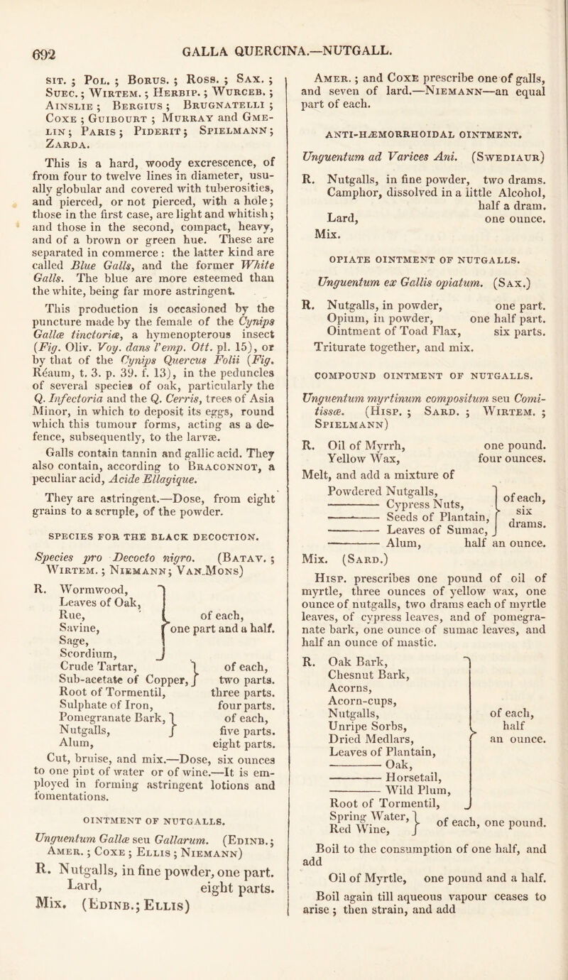 e92 sit. ; Pol. ; Bonus. ; Ross. ; Sax. ; Suec. ; Wirtem. ; Herbip. ; Wurceb. ; Ainslie ; Bergius ; Brugnatelli ; Coxe ; Guibourt ; Murray and Gme- lin ; Paris ; Piderit $ Spielmann ; Zarda. This is a hard, woody excrescence, of from four to twelve lines in diameter, usu- ally globular and covered with tuberosities, and pierced, or not pierced, with a hole; those in the first case, are light and whitish; and those in the second, compact, heavy, and of a brown or green hue. These are separated in commerce : the latter kind are called Blue Galls, and the former White Galls. The blue are more esteemed than the white, being far more astringent. This production is occasioned by the puncture made by the female of the Cynips Gallce tinctorice, a hymenopterous insect {Fig. Oliv. Voy. dans Vemp. Ott. pi. 15), or by that of the Cynips Quercus Folii {Fig, R&ium, t. 3. p. 39. f. 13), in the peduncles of several species of oak, particularly the Q. Infectoria and the Q. Cerris, trees of Asia Minor, in which to deposit its eggs, round which this tumour forms, acting as a de- fence, subsequently, to the larvas. Galls contain tannin and gallic acid. They also contain, according to Braconnot, a peculiar acid, Acide Ellagique. They are astringent.—Dose, from eight grains to a scruple, of the powder. SPECIES FOR THE BLACK DECOCTION. Species pro Decocto nigro. (Batav. ; Wirtem. ; Niemann; Van_Mons) R. i of each, | one part and a half. j Wormwood, Leaves of Oak, Rue, Savine, Sage, Scordium, Crude Tartar, Sub-acetate of Copper Root of Tormentil, Sulphate of Iron, Pomegranate Bark, Nutgalls, Alum, Cut, bruise, and mix.—Dose, six ounces to one pint of water or of wine.—It is em- ployed in forming astringent lotions and fomentations. ■} of each, two parts, three parts, four parts, of each, five parts, eight parts. OINTMENT OF NUTGALLS. Unguentum Gallce seu Gallarum. (Edinb.; Amer. ; Coxe ; Ellis ; Niemann) R. Nutgalls, in fine powder, one part. Lard, eight parts. Mix, (Edinb.; Ellis) Amer. ; and Coxe prescribe one of galls, and seven of lard.—Niemann—an equal part of each. ANTI-HyEMORRHOIDAL OINTMENT. Unguentum ad Varices Ani. (Swediaur) R. Nutgalls, in fine powder, two drams. Camphor, dissolved in a little Alcohol, half a dram. Lard, one ounce. Mix. OPIATE OINTMENT OF NUTGALLS. Unguentum ex Gallis opiatum. (Sax.) R. Nutgalls, in powder, one part. Opium, in powder, one half part. Ointment of Toad Flax, six parts. Triturate together, and mix. COMPOUND OINTMENT OF NUTGALLS. Unguentum myrtinum compositum. seu Comi- tissce. (Hisp. ; Sard. ; Wirtem. ; Spielmann) R. Oil of Myrrh, one pound. Yellow Wax, four ounces. Melt, and add a mixture of Powdered Nutgalls, — Cypress Nuts, * Seeds of Plantain, •— —■ Leaves of Sumac, Alum, half an ounce. Mix. (Sard.) of each, six drams. Hisp. prescribes one pound of oil of myrtle, three ounces of yellow wax, one ounce of nutgalls, two drams each of myrtle leaves, of cypress leaves, and of pomegra- nate bark, one ounce of sumac leaves, and half an ounce of mastic. R. Oak Bark, Chesnut Bark, Acorns, Acorn-cups, Nutgalls, Unripe Sorbs, Dried Medlars, Leaves of Plantain, Oak, Horsetail, Wild Plum, of each, half an ounce. Root of Tormentil, RedWtoef’} °f eaCh’ °ne P°Und- Boil to the consumption of one half, and add Oil of Myrtle, one pound and a half. Boil again till aqueous vapour ceases to arise ; then strain, and add