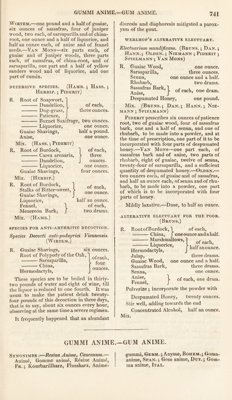 GUMMI ANIME.—GUM ANIME. Wvrtem.—one pound and a half of guaiac, six ounces of sassafras, four of juniper wood, two each, of sarsaparilla and of china- root, one ounce and a half of liquorice, and half an ounce each, of anise and of fennel seeds.—Van Mons—six parts each, of guaiac and of juniper woods, three parts each, of sassafras, of china-root, and of sarsaparilla, one part and a half of yellow sanders wood and of liquorice, and one part of cumin. DETERSIVE SPECIES. (HAMB. Herbip. ; Piderit) ; Hass. ; R. Root of Soapwort, Dandelion, Dog-grass, Patience, Burnet Saxifrage, two ounces. of each, three ounces. Liquorice, Guaiac Shavings, Anise, Mix. (Hass. ; Piderit) R. Root of Burdock, Carex arenaria, Dandelion, Liquorice, Guaiac Shavings, Mix. (Herbip.) R. Root of Burdock, Stalks of Bitter-sweet, Guaiac Shavings, Liquorice, Fennel, Mezereon Bark, Mix. (Hamb.) } one ounce, half a pound, one ounce. of each, ► three ounces, one ounce, four ounces. of each, one ounce. half an ounce, of each, two drams. SPECIES FOR ANTI-ARTHRITIC DECOCTION. Species Decocti anti-podagrici Viennensis. (Wirtem.) R. Guaiac Shavings, six ounces. Root of Polypody of the Oak, Sarsaparilla, China, Hermodactyls, ofeach, four ounces. These species are to be boiled in thirty- two pounds of water and eight of wine, till the liquor is reduced to one fourth. It was usual to make the patient drink twenty- four pounds of this decoction in three days, that is to say, about six ounces every hour, observing at the same time a severe regimen. It frequently happened that an abundant 741 diuresis and diaphoresis mitigated a parox- ysm of the gout. WERLHOF’S ALTERATIVE ELECTUARY. Electuarium mundificans. (Bruns. ; Dan. ; Hann.; Olden. ; Niemann ; Piderit ; Spielmann ; Van Mons) R. Guaiac Wood, one ounce. Sarsaparilla, three ounces. Senna, one ounce and a half. Rhubarb, two drams. Sassafras Bark, 1 , Anise, / of each, one dram. Despumated Honey, one pound. Mix. (Bruns.; Dan.; Hann.; Nie- mann ; Spielmann) Piderit prescribes six ounces of patience root, two of guaiac wood, four of sassafras bark, one and a half of senna, and one of rhubarb, to be made into a powder, and at the time of pi’escription, one part of it to be incorporated with four parts of despumated honey.—Van Mons—one part each, of sassafras bark and of anise, two parts of rhubarb, eight of guaiac, twelve of senna, twenty-four of sarsaparilla, and a sufficient quantity of despumated honey.—Olden.— two ounces each, of guaiac and of sassafras, and half an ounce each, of senna and of rhu- barb, to be made into a powder, one part of which is to be incorporated with four parts of honey. Mildly laxative.—Dose, to half an ounce. ALTERATIVE ELECTUARY FOR. THE POOR. (Bruns.) R. Root of Burdock, \ of each, China, j one ounce and a half. Marshmallows, ~ Liquorice, of each, ” half anounce. Hermodactyls, Jalap, Guaiac Wood, Sassafras Bark, Senna, Anise, 1 Fennel, J Pulverize ; incorporate the powder with three drams, one ounce and a half. three drams, one ounce. of each, one dram. Despumated Honey, twenty ounces. Stir well, adding towards the end Concentrated Alcohol, half an ounce. Mix. GUMMI ANIME.—GUM ANIME. gummi, Germ. ; Anyme, Bohem. ; Goma- anime, Span. ; Goin anime, Dut. ; Gom- ma anime, Ital. Synonimes :—Resina Anime, Cancanum.— Aninffi, Gomme anim£, R£sine Aninffi, Fr. ; Kourbarillharz, Flussharz, Anime-