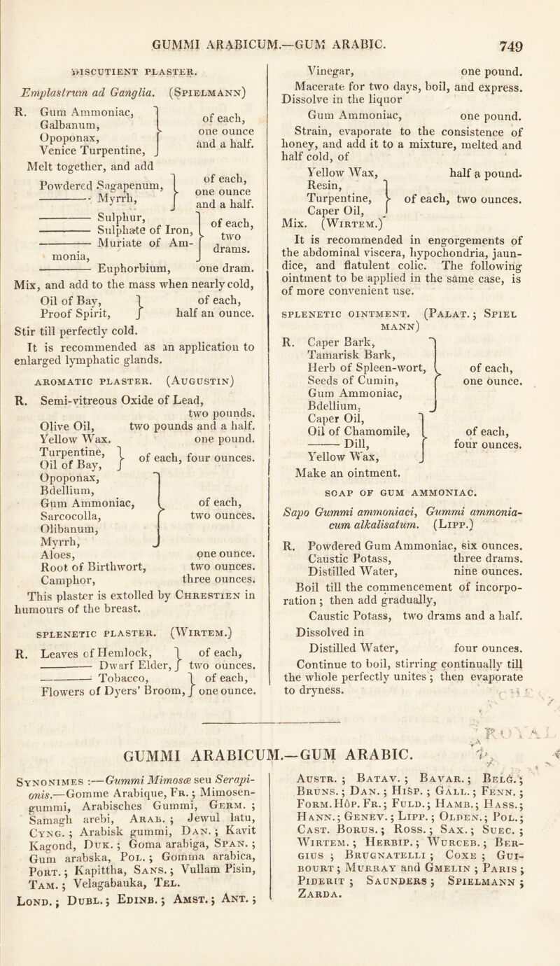 i>ISCUTIENT PLASTER. Emplastrum ad Ganglia. (Spielmann) R. Gum Ammoniac, Galbanum, Opoponax, Venice Turpentine, Melt together, and add Powdered Sagapenum, Myrrh, of each, one ounce and a half. of each, one ounce and a half. monia, Sulphur, Sulphate Muriate of Iron, I of Am- [ of each, two drams. Euphorbium, one dram. Mix, and add to the mass when nearly cold, Oil of Bay, \ of each, Proof Spirit, J half an ounce. Stir till perfectly cold. It is recommended as an application to enlarged lymphatic glands. AROMATIC PLASTER. (AUGUSTIN) R. Semi-vitreous Oxide of Lead, two pounds, two pounds and a half. one pound. Olive Oil, Yellow Wax. Turpentine, 1 Oil of Bay, j Opoponax, Bdellium, Gum Ammoniac, Sarcocolla, Olibanum, Myrrh, Aloes, Root of Birthwort, Camphor, of each, four ounces. of each, two ounces. one ounce, two ounces, three ounces. This plaster is extolled by Chrestien in humours of the breast. SPLENETIC PLASTER. (WlRTEM.) R. Leaves of Hemlock, \ of each, Dwarf Elder, J two ounces. Tobacco, 1 of each, Flowers of Dyers’ Broom, J one ounce. Vinegar, one pound. Macerate for two days, boil, and express. Dissolve in the liquor Gum Ammoniac, one pound. Strain, evaporate to the consistence of honey, and add it to a mixture, melted and half cold, of half a pound, of each, two ounces. Yellow Wax, Resin, Turpentine, Caper Oil, Mix. (WlRTEM.) It is recommended in engorgements of the abdominal viscera, hypochondria, jaun- dice, and flatulent colic. The following ointment to be applied in the same case, is of more convenient use. SPLENETIC OINTMENT. (PALAT. ; SPIEL of each, one ounce. of each, four ounces. SOAP OF GUM AMMONIAC. Sapo Gummi ammoniaci, Gummi ammonia- cum alkalisatum. (Lipp.) R. Powdered Gum Ammoniac, six ounces. Caustic Potass, three drams. Distilled Water, nine ounces. Boil till the commencement of incorpo- ration ; then add gradually, Caustic Potass, two drams and a half. Dissolved in Distilled Water, four ounces. Continue to boil, stirring continually till the whole perfectly unites ; then evaporate to dryness. * MANN) R. Caper Bark, Tamarisk Bark, Herb of Spleen-wort, Seeds of Cumin, Gum Ammoniac, Bdellium. Caper Oil, Oil of Chamomile, Dill, Yellow Wax, Make an ointment. GUMMI ARABICUM. Synonimes :—Gummi Mimosa seu Serapi- onis.—Gomme Arabique, Fr. ; Mimosen- gummi, Arabisches Gummi, Germ. ; Samagh arebi, Arab. ; Jewul latu, Cyng. ; Arabisk gummi, Dan. ; Kavit Kagond, Duk. ; Goma arabiga, Span. ; Gum arabska, Pol. ; Gomma arabica, Port. ; Kapittha, Sans. ; Vullam Pisin, Tam. ; Velagabauka, Tel. Lond.; Dubl.; Edinb. j Amst. ; Ant.; —GUM ARABIC. 1> Austr. ; Batav. ; Bavar. ; Belg. ; Bruns. ; Dan. ; Hifep. ; Gall. ; Fenn. ; Form.Hop. Fr.; Fuld.; Hamb,; Hass.; H ann. ; Genev. ; Lipp. ; Olpen. ; Pol. ; Cast. Borus. ; Ross.; Sax.; Suec. ; WlRTEM.; HeRBIP. ; WuRCEB. ; BeR- gius ; Brugnatelli ; Coxe ; Gui- bourt; Murray and Gmelin ; Paris ; Piderit ; Saunders ; Spielmann ; Zarda.