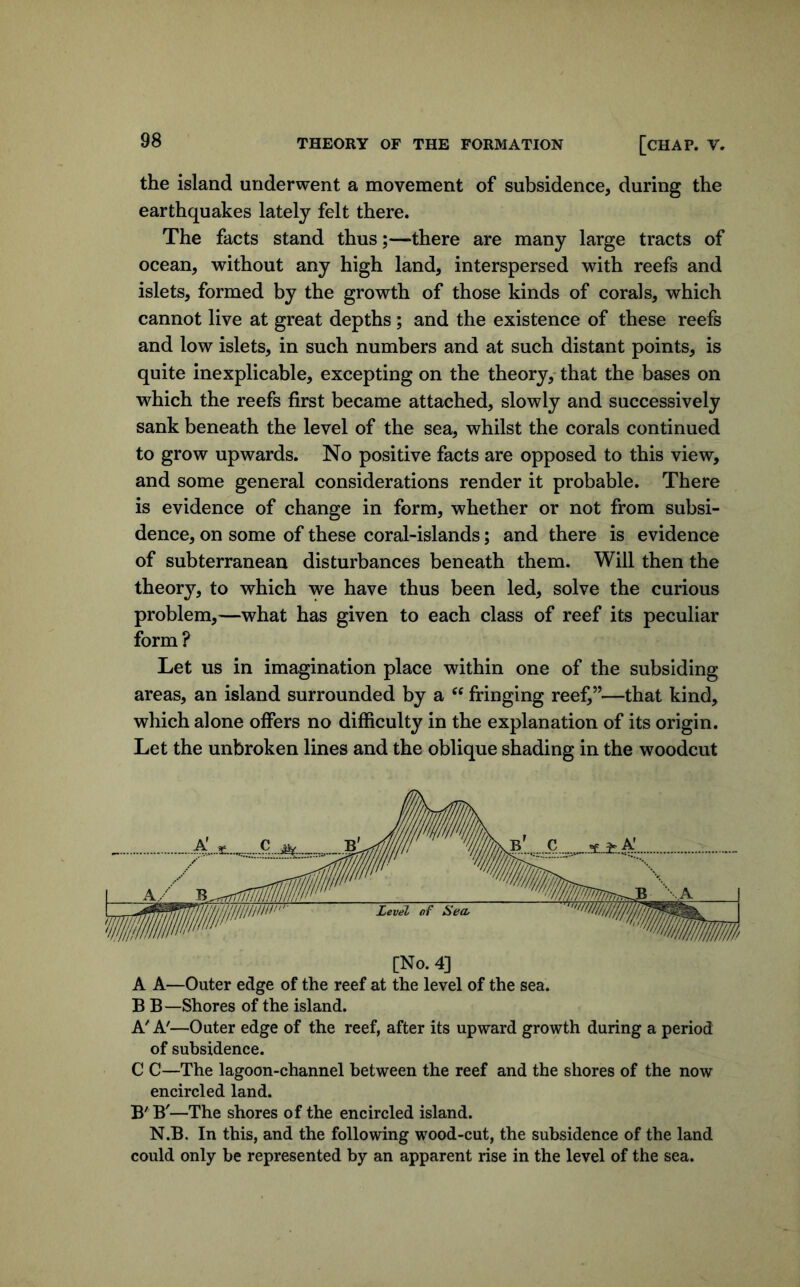 the island underwent a movement of subsidence, during the earthquakes lately felt there. The facts stand thus;—there are many large tracts of ocean, without any high land, interspersed with reefs and islets, formed by the growth of those kinds of corals, which cannot live at great depths ; and the existence of these reefs and low islets, in such numbers and at such distant points, is quite inexplicable, excepting on the theory,- that the bases on which the reefs first became attached, slowly and successively sank beneath the level of the sea, whilst the corals continued to grow upwards. No positive facts are opposed to this view, and some general considerations render it probable. There is evidence of change in form, whether or not from subsi- dence, on some of these coral-islands; and there is evidence of subterranean disturbances beneath them. Will then the theory, to which we have thus been led, solve the curious problem,—what has given to each class of reef its peculiar form? Let us in imagination place within one of the subsiding areas, an island surrounded by a fringing reef,”—that kind, which alone offers no difficulty in the explanation of its origin. Let the unbroken lines and the oblique shading in the woodcut [No. 4] A A—Outer edge of the reef at the level of the sea. B B—Shores of the island. A'A'—Outer edge of the reef, after its upward growth during a period of subsidence. C C—The lagoon-channel between the reef and the shores of the now encircled land. B' B'—The shores of the encircled island. N.B. In this, and the following wood-cut, the subsidence of the land could only be represented by an apparent rise in the level of the sea.