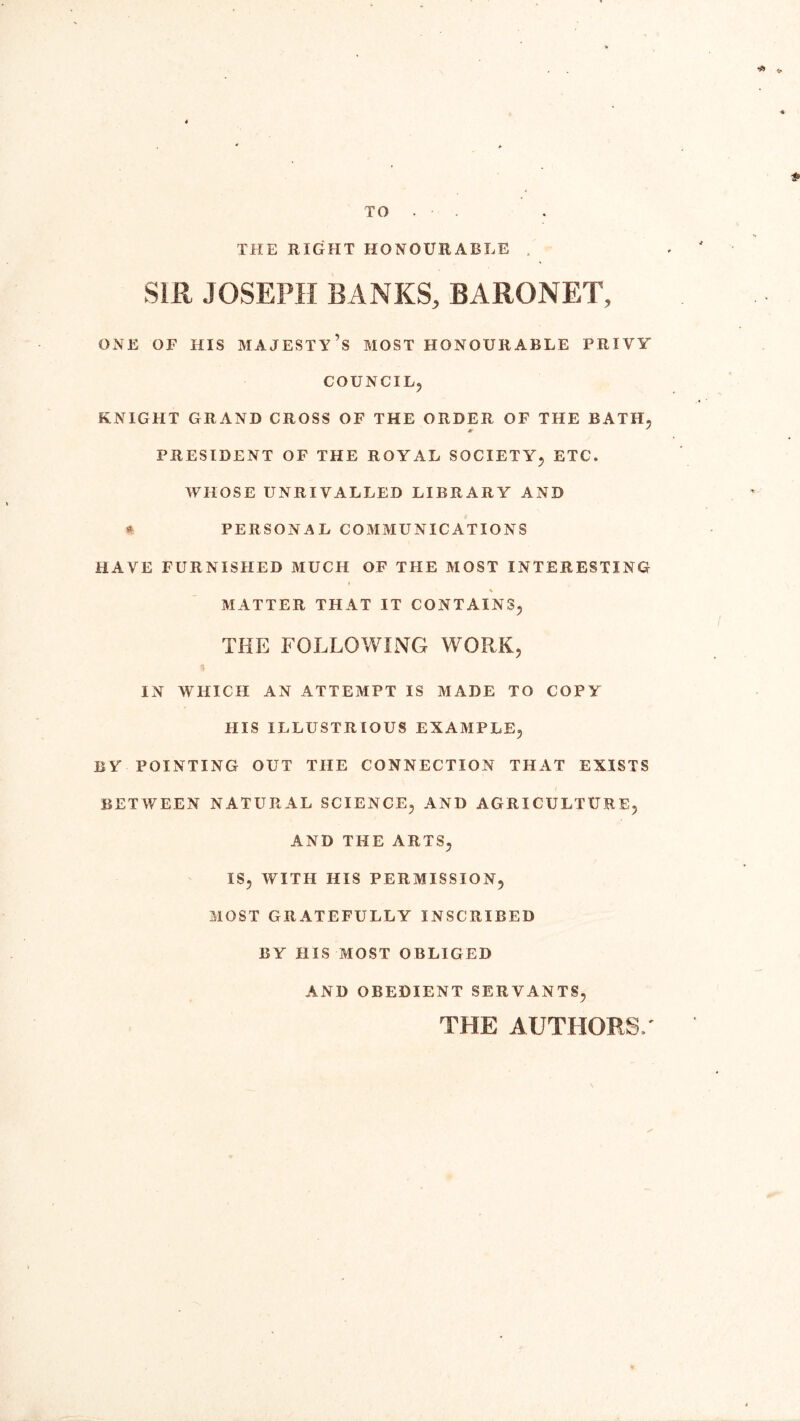 TO THE RIGHT HONOURABLE Sift JOSEPH BANKS, BARONET, ONE OF HIS MAJESTY’S MOST HONOURABLE PRIVY COUNCIL, KNIGHT GRAND CROSS OF THE ORDER OF THE BATH, PRESIDENT OF THE ROYAL SOCIETY, ETC. WHOSE UNRIVALLED LIBRARY AND * PERSONAL COMMUNICATIONS HAVE FURNISHED MUCH OF THE MOST INTERESTING % MATTER THAT IT CONTAINS, THE FOLLOWING WORK, IN WHICH AN ATTEMPT IS MADE TO COPY HIS ILLUSTRIOUS EXAMPLE, BY POINTING OUT THE CONNECTION THAT EXISTS BETWEEN NATURAL SCIENCE, AND AGRICULTURE, AND THE ARTS, IS, WITH HIS PERMISSION, MOST GRATEFULLY INSCRIBED BY HIS MOST OBLIGED AND OBEDIENT SERVANTS, THE AUTHORS/