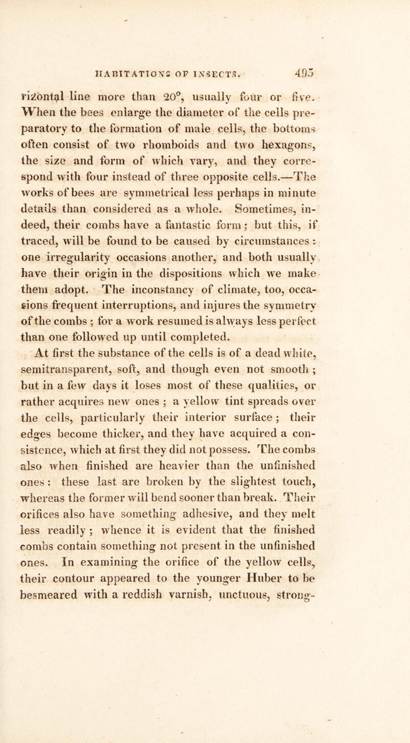 ri^ont^l line more than 20°, usually four or five. When the bees enlarge the diameter of the cells pre- paratory to the formation of male cells, the bottoms often consist of two rhomboids and two hexagons, the size and form of which vary, and they corre- spond with four instead of three opposite cells.—The works of bees are symmetrical less perhaps in minute details than considered as a whole. Sometimes, in- deed, their combs have a fantastic form; but this, if traced, will be found to be caused by circumstances : one irregularity occasions another, and both usually have their origin in the dispositions which we make them adopt. The inconstancy of climate, too, occa- sions frequent interruptions, and injures the symmetry of the combs ; for a work resumed is always less perfect than one followed up until completed. At first the substance of the cells is of a dead white, semitransparent, soft, and though even not smooth ; but in a few days it loses most of these qualities, or rather acquires new ones ; a yellow tint spreads over the cells, particularly their interior surface ; their edges become thicker, and they have acquired a con- sistence, which at first they did not possess. The combs also when finished are heavier than the unfinished ones : these last are broken by the slightest touch, whereas the former will bend sooner than break. Their orifices also have something adhesive, and they melt less readily ; whence it is evident that the finished combs contain something not present in the unfinished ones. In examining the orifice of the yellow cells, their contour appeared to the younger Huber to be besmeared with a reddish varnish, unctuous, strong-