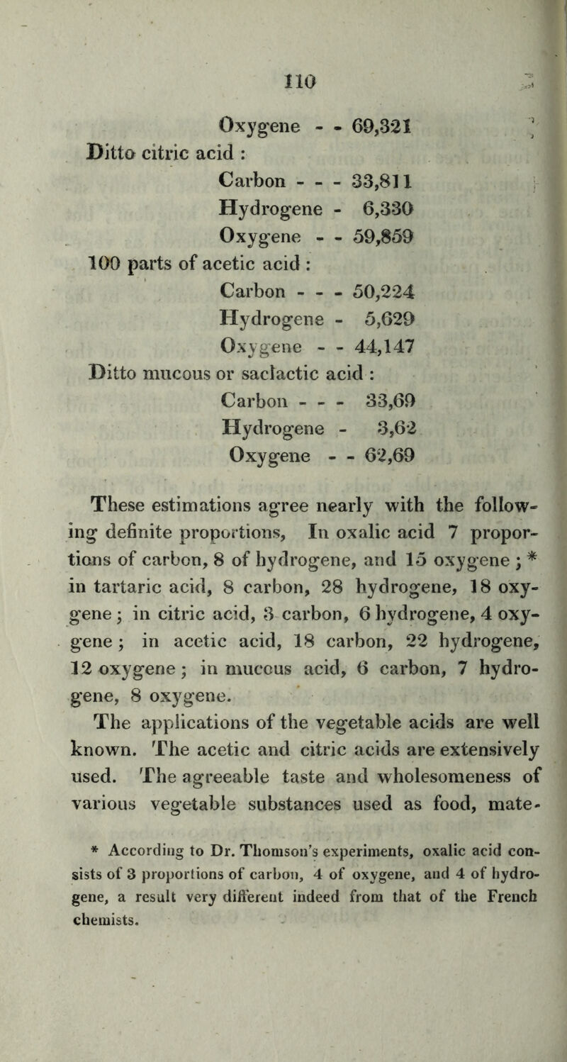 Oxygene - - 69,821 ’ Ditto citric acid : Carbon 33,811 j Hydrogene - 6,330 Oxygene — 59,859 100 parts of acetic acid : Carbon - - - 50,224 Hydrogene - 5,629 Oxygene - - 44,147 Ditto mucous or saclactic acid : Carbon - - - 33,69 Hydrogene - 3,62 Oxygene — 62,69 These estimations agree nearly with the follow- ing definite proportions, In oxalic acid 7 propor- tions of carbon, 8 of hydrogene, and 15 oxygene ; * in tartaric acid, 8 carbon, 28 hydrogene, 18 oxy- gene; in citric acid, 3-carbon, 6 hydrogene, 4 oxy- gene ; in acetic acid, 18 carbon, 22 hydrogene, 12 oxygene; in mucous acid, 6 carbon, 7 hydro- gene, 8 oxygene. The applications of the vegetable acids are well known. The acetic and citric acids are extensively used. The agreeable taste and wholesomeness of various vegetable substances used as food, mate- * According to Dr. Thomson’s experiments, oxalic acid con- sists of 3 proportions of carbon, 4 of oxygene, and 4 of hydro- gene, a result very different indeed from that of the French chemists.