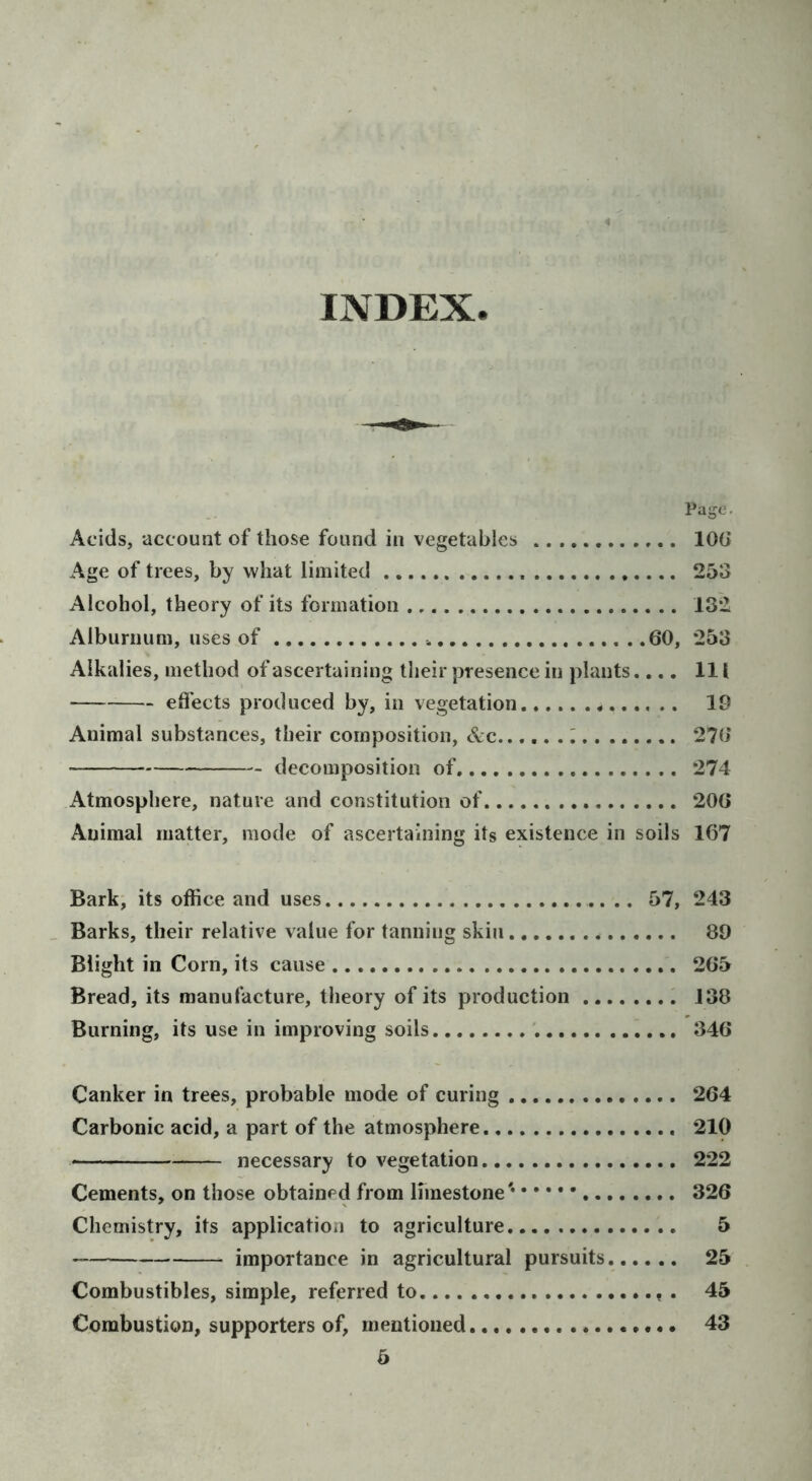 INDEX Page. Acids, account of those found in vegetables lOG Age of trees, by what limited 253 Alcohol, theory of its formation 132 Alburnum, uses of 60, 253 Alkalies, method of ascertaining their presence in plants,... Ill efi'ects produced by, in vegetation .. 19 Animal substances, their composition, c^c..,.. . ^ 276 decomposition of 274 Atmosphere, nature and constitution of 206 Animal matter, mode of ascertaining its existence in soils 167 Bark, its office and uses 57, 243 _ Barks, their relative value for tanning skin 89 Blight in Corn, its cause 265 Bread, its manufacture, theory of its production 1 J38 Burning, its use in improving soils 346 Canker in trees, probable mode of curing 264 Carbonic acid, a part of the atmosphere 210 necessary to vegetation 222 Cements, on those obtained from limestone'* 326 Chemistry, its application to agriculture 5 importance in agricultural pursuits 25 . Combustibles, simple, referred to . 45 Combustion, supporters of, mentioned • 43