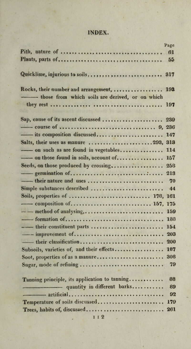 Page Pith, nature of 01 Plants, parts of 55 Quicklime, injurious to soils 317 Rocks, their number and arrangement, 1. .. 193 those from which soils are derived, or on which they rest 197 Sap, cause of its ascent discussed 239 course of 9, 236 its composition discussed 147 Salts, their uses as manure 293, 313 on such as are found in vegetables 114 on those found in soils, account of 157 Seeds, on those produced by crossing 258 germination of ; 213 their nature and uses 70 Simple substances described 44 Soils, properties of 178, 161 composition of 157, 175 method of analysing, 159 formation of 188 their constituent parts 154 improvement of 203 their classification 200 Subsoils, varieties of, and their effects 187 Soot, properties of as a manure 308 Sugar, mode of refining 79 Tanning principle, its application to tanning 88 quantity in different barks 89 artificial * 92 Temperature of soils discussed 179 Trees, habits of, discussed 261 I I 2