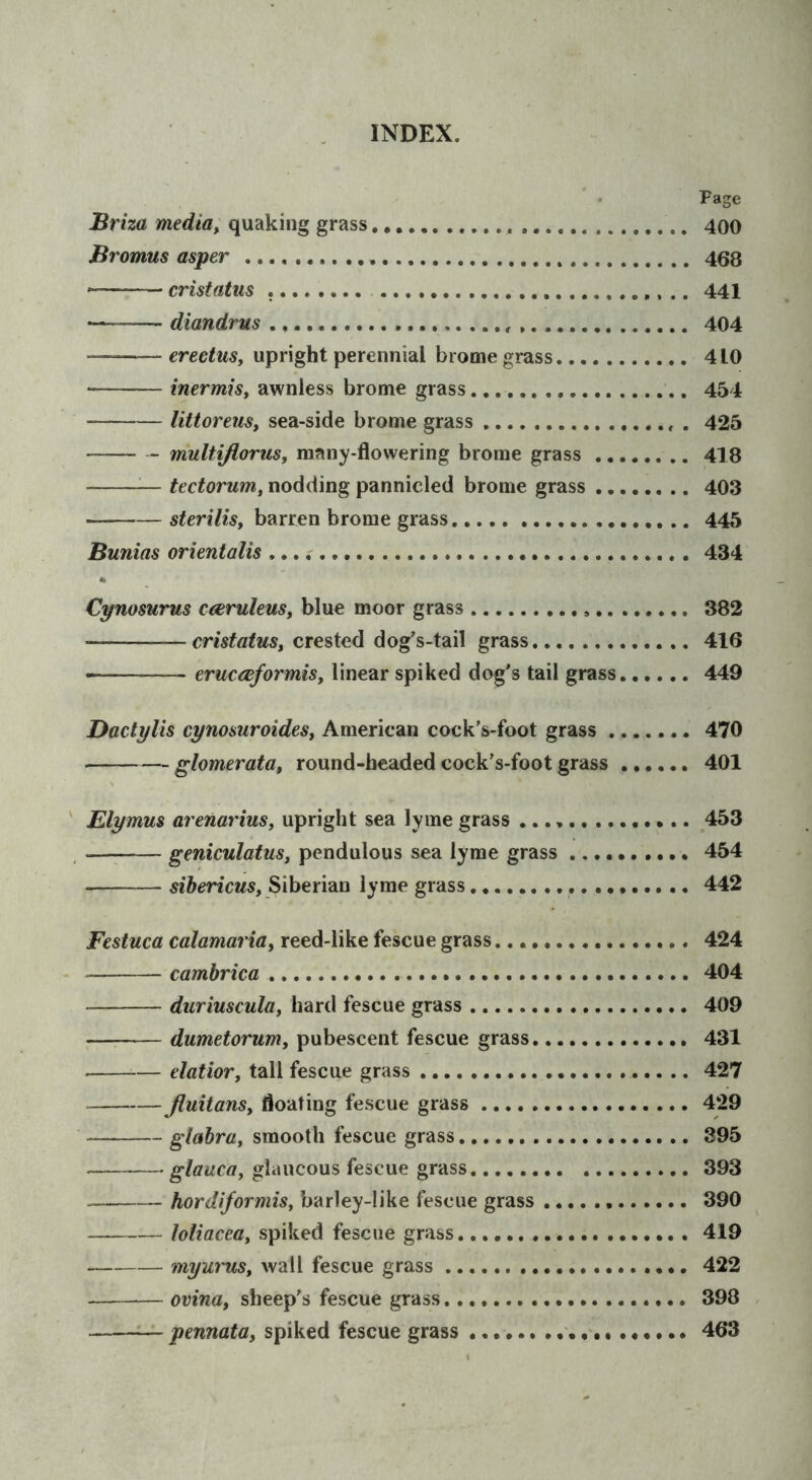 Page Briza mediae quaking grass 400 Bromus asper 468 cristatus .. 441 diandrus 404 -— erectuSy upright perennial brome grass 410 * inermisy awnless brome grass 454 littoreuSy sea-side brome grass , 425 - multijlorusy many-flowering brome grass 418 ^ tectoruniy nodding pannicled brome grass 403 sterilisy barren brome grass 445 Bunias orientalis 434 Cynosurus coiruleuSy blue moor grass 382 cristatusy crested dog’s-tail grass 416 eruceeformiSy linear spiked dog's tail grass 449 Dactylis cynosuroidesy American cock’s-foot grass 470 glomerata, round-beaded cock’s-foot grass 401 Elymus arenariuSy upright sea lyme grass 453 —: geniculatusy pendulous sea lyrae grass ...... .... 454 Siberian lyme grass 442 Festuca calamaridy reed-like fescue grass. 424 cambrica 404 duriusculoy hard fescue grass 409 —r- dumetorurriy pubescent fescue grass 431 datioVy tall fescue grass 427 JluitanSy floating fescue grass 429 glabruy smooth fescue grass 395 glaucOy glaucous fescue grass 393 hordiformis, barley-like fescue grass 390 loliaceoy spiked fescue grass 419 myuruSy wall fescue grass 422 ovina, sheep’s fescue grass 398 - :— pennata, spiked fescue grass ...... ...... ...... 463