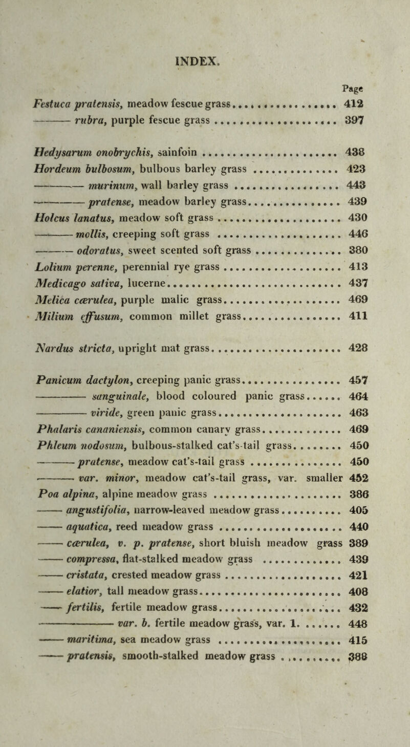 Page Festuca pratensis, meadow fescue grass 412 rubra, purple fescue grass .,.. *.. 397 Hedysarum onobrychis, sainfoin 438 Hordeum bulbosum, bulbous barley grass 423 — murinum, wall barley grass 443 pratense, meadow barley grass. 439 Uolcus lanatus, meadow soft grass 430 —^ mollis, creeping soft grass 446 odoratus, sweet scented soft grass 380 ' Lolium perenne, perennial rye grass 413 Medicago saliva, lucerne 437 Melica cceruka, purple malic grass 469 ' Milium effusum, common millet grass 411 Nay'dus stricta, upright mat grass 428 Panicum dactylon, creeping panic grass 457 sanguinale, blood coloured panic grass 464 viride, green panic grass 463 Phalaris cananknsis, common canary grass 469 Phleum nodosum, bulbous-stalked cat’s-tail grass 450 meadow cat’s-tail grass _•••• 450 ■ var, minor, meadow cat’s-tail grass, var. smaller 452 Poa alpina, alpine meadow grass 386 angustifolia, narrow-leaved meadow grass 405 aquatica, reed meadow grass 440 ca^rulea, v. p. pratense, short bluish meadow grass 389 compressa, flat-stalked meadow grass 439 cristata, crested meadow grass 421 elatior, tall meadow grass 408 fertilis, fertile meadow grass . ,432 var, b, fertile meadow grass, var. 1 448 maritima, sea meadow grass . 415