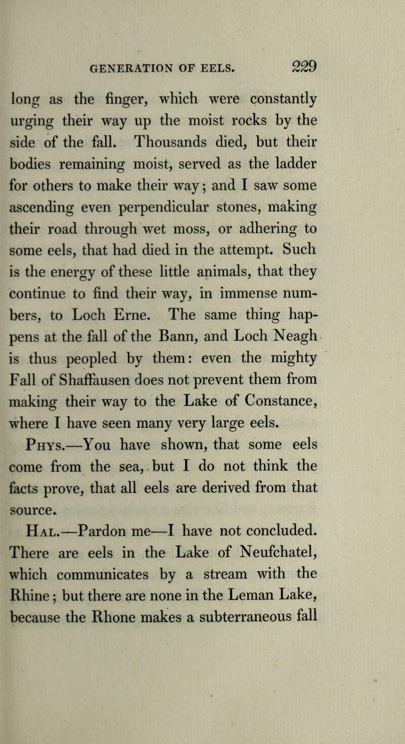 long as the finger, which were constantly urging their way up the moist rocks by the side of the fall. Thousands died, but their bodies remaining moist, served as the ladder for others to make their way; and I saw some ascending even perpendicular stones, making their road through wet moss, or adhering to some eels, that had died in the attempt. Such is the energy of these little animals, that they continue to find their way, in immense num- bers, to Loch Erne. The same thing hap- pens at the fall of the Bann, and Loch Neagh is thus peopled by them: even the mighty Fall of Shaflfausen does not prevent them from making their way to the Lake of Constance, where I have seen many very large eels. Phys.—You have shown, that some eels come from the sea, but I do not think the facts prove, that all eels are derived from that source. Hal.—Pardon me—I have not concluded. There are eels in the Lake of Neufchatel, which communicates by a stream with the Rhine; but there are none in the Leman Lake, because the Rhone makes a subterraneous fall