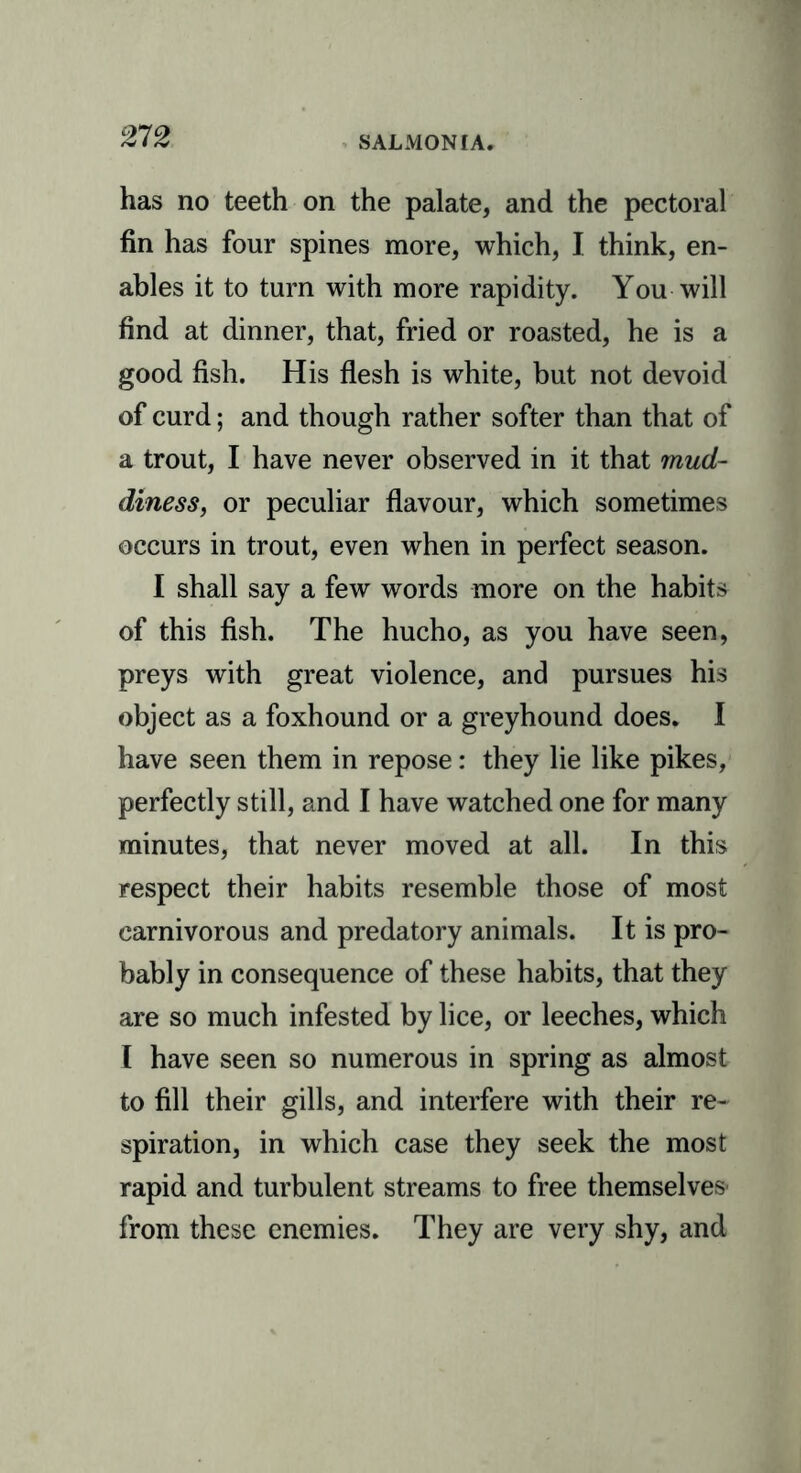 SALMON I A. has no teeth on the palate, and the pectoral fin has four spines more, which, I think, en- ables it to turn with more rapidity. You will find at dinner, that, fried or roasted, he is a good fish. His flesh is white, but not devoid of curd; and though rather softer than that of a trout, I have never observed in it that mud- diness, or peculiar flavour, which sometimes occurs in trout, even when in perfect season. I shall say a few words more on the habits of this fish. The hucho, as you have seen, preys with great violence, and pursues his object as a foxhound or a greyhound does. I have seen them in repose: they lie like pikes, perfectly still, and I have watched one for many minutes, that never moved at all. In this respect their habits resemble those of most carnivorous and predatory animals. It is pro- bably in consequence of these habits, that they are so much infested by lice, or leeches, which I have seen so numerous in spring as almost to fill their gills, and interfere with their re- spiration, in which case they seek the most rapid and turbulent streams to free themselves from these enemies. They are very shy, and