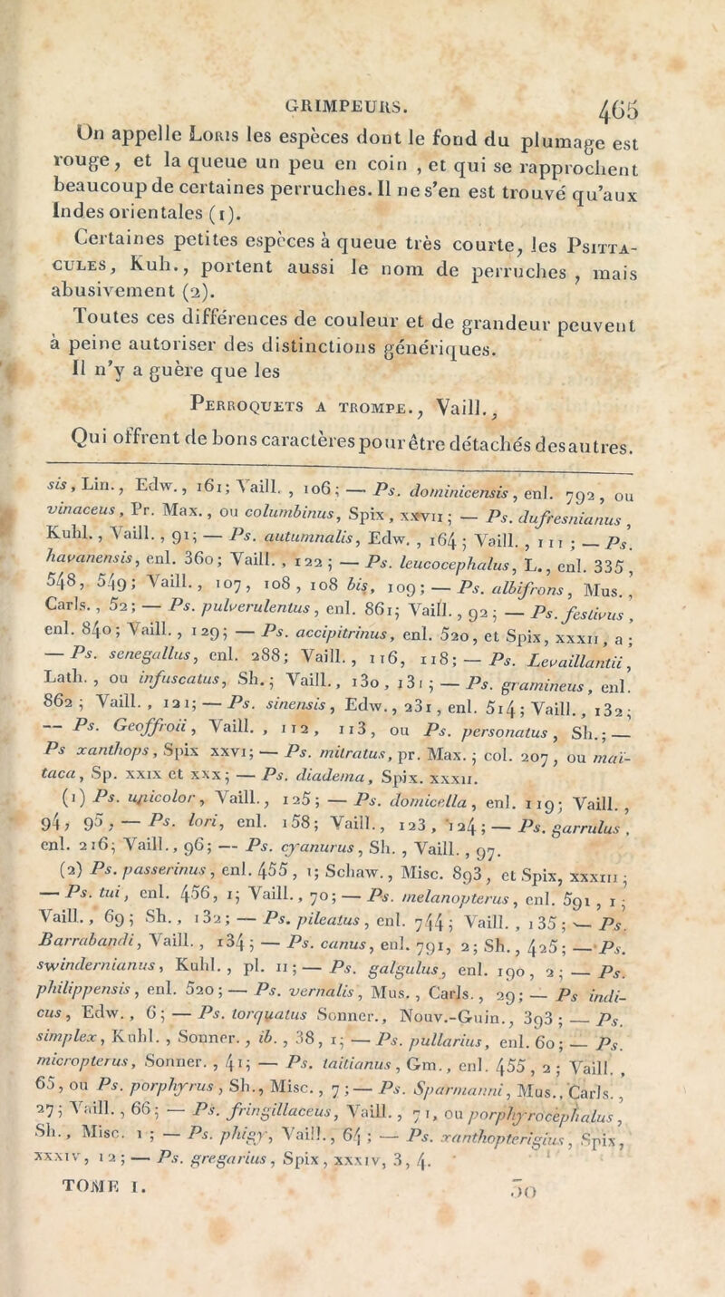 On appelle Loris les espèces dont le fond du plumage est rouge, et la queue un peu en coin , et qui se rapprochent beaucoup de certaines perruches. Il ne s’en est trouve' qu’aux Indes orientales (1). Certaines petites especes à queue très courte, les Psitta- ciles, Kuh., portent aussi le nom de perruches , mais abusivement (a). Toutes ces diflciences de couleur et de grandeur peuvent à peine autoriser des distinctions génériques. Il n’y a guère que les Perroquets a trompe., Vaill. Qui oifrent de bons caractères pour être détachés des autres. sis, Lin;, Edw., 161; Vaill. , 106 ; — Ps. dominicensis, eni. 792, ou vinaceus, IV. Max., ou columbinus, Spix , x*vii ; — Ps. dujresnianus , Kulil., Vaill. ,91 ; — Ps. autumnalis, Edw. , 164 ; Vaill. , 111 ; ~~ps’ hauanensis, enl. 36o; Vaill. ,1225— Ps. leucocephalus, L., enl. 335^ 548, 549; Vaill., 107, 108, 108 bis, 109; — Ps. albifrons, Mus., Caris. ,52 ; — Ps. puherulenlus, enl. 8615 Vaill., 92 ; — Ps.fesâvus , enl. 84o; Vaill. , 129; — Ps. accipitrinus, enl. 520, et Spix, xxxn, a ; — Ps. senegallus, enl. 288; Vaill., 116, 118;-Ps. Levaillantii, Lath. , ou infuscatus, Sh. 5 Vaill., i3o , ,3. j — Ps. gramineus, enl. 862; Vaill., 121; — Ps. sinensis, Edw., 23 r , enl. 5i 4 ; Vaill., i32; Ps• Geoffroii, Vaill. , 112, ii3, ou Ps. personatus , Sh.; Ps xanthops, Spix xxvi; — Ps. mitratus, pr. Max. ; col. 207 , ou maï- taca, Sp. xxix et xxx; — Ps. diadema, Spix. xxxn. (0 Ps- wicolor, Vaill., i25; — Ps. domicetia, enl. 119; Vaill. , 94; 9 5, — Ps. Ion, enl. 1 58 ; Vaill., 123 , h a4 ; — Ps. garrulus \ enl. 216; Vaill., 96; — Ps. cyanurus, Sh. , Vaill. , 97. (2) Ps. passerinus, enl. 455 , 1; Schaw., Mise. 893 , et Spix, xxxxn ; Ps. tui, cnl. 4 56, 1; Vaill. ,70; — Ps. melanopterus, cnl. 591 , 1 ; Vaill., 69 ; Sh. , 1 32 ; — Ps. pileatus , cnl. 7.44 i Vaill. , 1 35 ; Ps. Barrabapdi, Vaill. , i34 ; — Ps. canus, enl. 791, 2; Sh., 425; — Ps. swindernianus, Kulil., pi. n ; — Ps. galgulus, enl. 190, 2 -, — Ps. philippensis, enl. 520 ; — Ps. vernalis, Mus. , Caris., 29 ; — Ps indi- ens, Edw., G; — Ps.torquaius Sonner., Nouv.-Guin., 393; ps. simplex, Kulil. , Sonner., ib., 38, 1; — Ps. pullarius, enl. 60; — Ps. microptetus, Sonner. ,41 ; — Ps. taitianus, Gm., enl. 455 , 2 ; Vaill. . 65, ou Ps. porphyrus , Sh., Mise., 7 ; — Ps. Sparmanni, Mus.’, Caris. ’ 27 5 Vaill. , 66- — Ps. fringillaceus, Vaill. , 7 1, ou porp/yrocepfialus ’ Sh., Mise. 1 ; — Ps. phigy, Vaill., 64 ; — Ps. xanthoptengius, Spix, xxxi v, 1 2 ; — Ps. gregarius, Spix , xxxiv, 3, 4. .)G TOME I.
