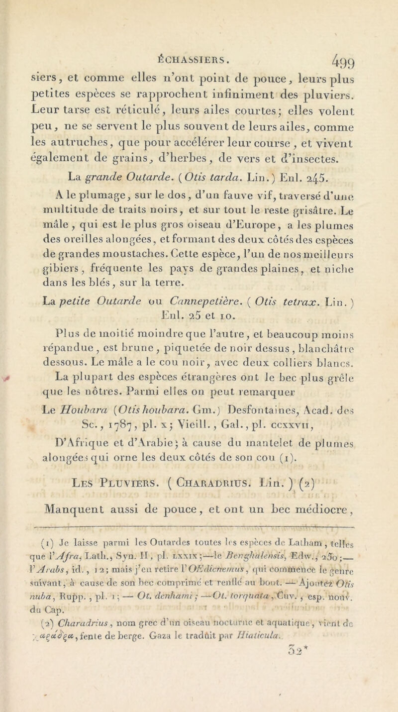 siers, et comme elles n’ont point de pouce, leurs plus petites espèces se rapprochent infiniment des pluviers. Leur tarse est réticulé, leurs ailes courtes; elles volent peu, ne se servent le plus souvent de leurs ailes, comme les autruches, que pour accélérer leur course , et vivent également de grains, d’herbes, de vers et d’insectes. La grande Outarde. (Otis tarda. Lin.) Enl. 245. A le plumage, sur le dos, d’un fauve vif, traversé d’une multitude de traits noirs, et sur tout le reste grisâtre. Le mâle , qui est le plus gros oiseau d’Europe, a les plumes des oreilles alongées, et formant des deux côtés des espèces de grandes moustaches. Cette espèce, l’un de nos meilleurs gibiers, fréquente les pays de grandes plaines, et niche dans les blés, sur la terre. La petite Outarde ou Cannepctière. ( Otis tetrax. Lin.) Enl. 25 et 10. Plus de moitié moindre que l’autre, et beaucoup moins répandue , est brune , piquetée de noir dessus , blanchâtre dessous. Le mâle a le cou noir, avec deux colliers blancs. La plupart des espèces étrangères ont le bec plus grêle que les nôtres. Parmi elles on peut remarquer Le Houbara (Otis houbara. Cm.) Desfontaines, Acad, des Sc., 1787 , pl. x; Yieill., Gai., pl. ccxxvti, D’Afrique et d’Arabie) à cause du mantelet de plumes alongées qui orne les deux côtés de son cou (1). Les Pluviers. ( Ciiaradrius. Lin. ) (2) Manquent aussi de pouce, et ont un bec médiocre, (1) Je laisse parmi les Outardes toutes les espèces de Lalliam, telles que VAfra, Lalli., Syn. II, pl. lxxix;—le Benghalensis, Edw., •sâo; V Arabs, ici'. , 12; mais j’en retire V OEdicrremus, qui commence le emire suivant, à cause de son bec comprime et renfle au bout. — Ajouté* Otis nuba, Rupp. , pl. 1 ; — Ot. denhami ; — Ot. lorquata, Cuv. , esp. nom' , du Cap. (2) Charadrius, nom grec d’un oiseau nocturne et aquatique, vient de - fente de berge. Gaza le tradftitpar Hiaticula.