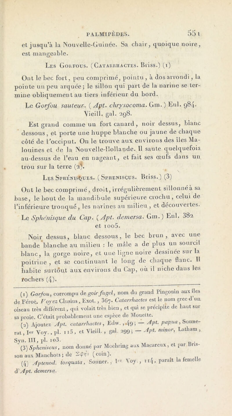 et jusqu’à la Nouvelle-Guinée. Sa chair, quoique noire, est mangeable. Les Gorfous. ( Catarrhactes. Briss.) (i) Ont le bec fort, peu comprimé, pointu , à dos arrondi, la pointe un peu arquée j le sillon qui part de la narine se ter- mine obliquement au tiers inférieur du bord. Le Gorfou sauteur. ( Apt. chrysocoma. Gui. ) Enl. 984. Vieill. gai. 298. Est grand comme un fort canard, noir dessus, bianc dessous, et porte une huppe blanche ou jaune de chaque côté de Locciput. On le trouve aux environs des îles Ma- louincs et de la Nouvelle-Hollande. 11 saute quelquefois au-dessus de l’eau en nageant, et fait ses œufs dans un trou sur la terre (2). • \ Les Sphénisques. (Spheniscus. Briss.) (3) Ont le bec comprimé, droit, irrégulièrement sillonnéà sa base, le bout de la mandibule supérieure crochu, celui de l’inférieure tronqué, les narines au milieu , et découvertes. Le Sphénisque du Cap. { Apt. demersa. Gin.) Enl. 302 et ioo5. Noir dessus, blanc dessous, le bec brun, avec une bande blanche au milieu : le mâle a de plus un sourcil blanc, la gorge noire, et une ligne noire dessinée sui la poitrine , et se continuant le long de chaque flanc. H habite surtout aux environs du Cap, où il niche dans les rochers (4)* (1) Gorjou, corrompu degoirfugel, nom du grand Pingouin aux îles de Féroë. Voyez Clusius , Exot., 367. Catarriiactes est le nom grec d’un oiseau très différent, qui volait très bien , et qui se précipite de haut sur sa proie. C’était probablement une espèce de Mouette. (2) Ajoutez Apt. catarriiactes, Edw. ,./|9; — Apt. papua, Sonne- rai , 1er Yoy. , pl. 115 , et Vieill. , gai. a99 ; — Apt. miner, Latham , Syn. III, pl. io3. (3) Spheniscus, nom donné par Moehring aux Macareux, et par Bas- son aux Manchots ; de Lcprçv (coin). 4 (4) Aptenod. lorquala, Sonner., I‘,f Voy., 11!\, paraît la feme e d’Api. demersa.