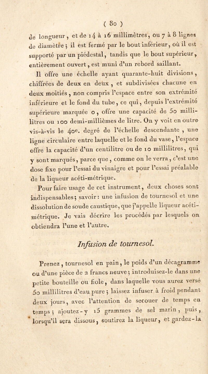 ce longueur, et de i4 à 16 millimètres, ou 7 à 8 lignes de diamètre 5 il est fermé par le bout inférieur, où il est supporté par un piédestal, tandis que le bout supérieur , entièrement ouvert, est muni d’un rebord saillant. Il offre une échelle ayant quarante-huit divisions, chiffrées de deux en deùx , et subdivisées chacune en deux moitiés , non compris l’espace entre son extrémité inférieure et le fond du tube, ce qui, depuis 1 extrémité supérieure marquée o , offre une capacité de 5o milli- litres ou 100 demi-millièmes de litre. O11 y voit en outre vis-à-vis le 40e. degré de l’échelle descendante , une ligne circulaire entre laquelle et le fond du vase, l’espace offre la capacité d’un centilitre ou de 10 millilitres, qui y sont marqués, parce que , comme on le verra, c’est une dose fixe pour l’essai du vinaigre et pour l’essai préalable de la liqueur acéti-métrique. Pour faire usage de cet instrument, deux choses sont indispensables5 savoir: une infusion de tournesol et une dissolution de soude caustique, que j’appelle liqueur acéti- métrique. Je vais décrire les procédés par lesquels on obtiendra l’une et l’autre. Infusion de tournesol. Prenez , tournesol en pain, le poids d’un decagramme ou d’une pièce de 2 francs neuve 5 introduisez-le dans une petite bouteille ou fiole, dans laquelle vous aurez versé 5o millilitres d’eau pure 5 laissez infuser à froid pendant deux jours, avec l’attention de secouer de temps en temps-, ajoutez-y i5 grammes de sel marin, puis, lorsqu’il sera dissous, soutirez la liqueur, et gardez-la