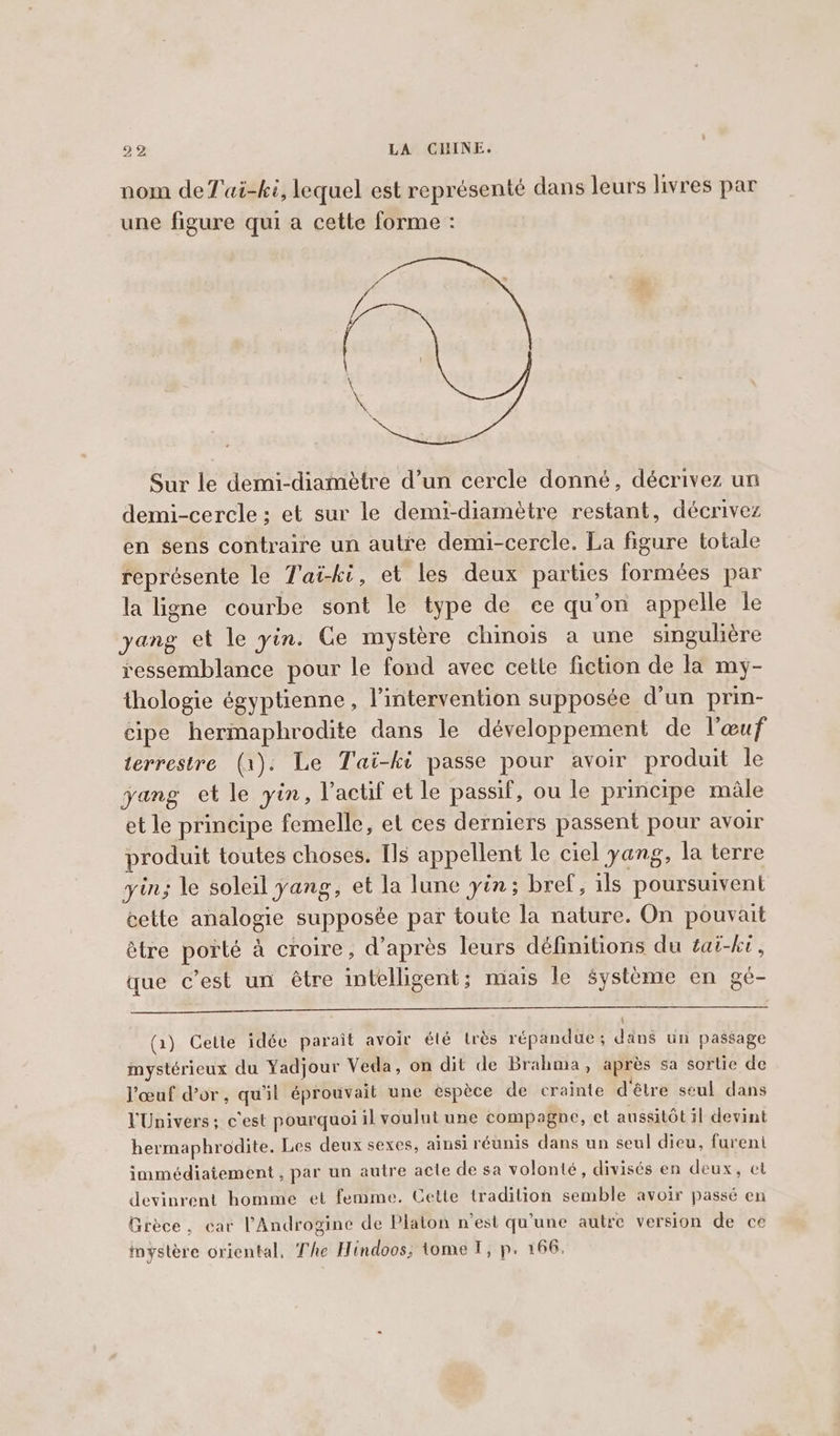 nom de T'ai-ki, lequel est représenté dans leurs livres par une figure qui a cette forme : Sur le demi-diainètre d’un cercle donné, décrivez un demi-cercle; et sur le demi-diamètre restant, décrivez en sens contraire un autre demi-cercle. La figure totale représente le T'ai-ki, et les deux parties formées par la ligne courbe sont le type de ce qu’on appelle le yang et le yin. Ge mystère chinois a une singuliére ressemblance pour le fond avec cette fiction de la my- thologie égyptienne, l’intervention supposée d’un prin- cipe hermaphrodite dans le développement de l'œuf terrestre (1). Le Taï-ki passe pour avoir produit le yang et le yin, Vactif et le passif, ou le principe male et le principe femelle, et ces derniers passent pour avoir produit toutes choses. [lg appellent le ciel yang, la terre yin; le soleil yang, et la lune yin; bref, ils poursuivent cette analogie supposée par toute la nature. On pouvait être porté à croire, d’après leurs définitions du £ai-kr, que c’est un être intelligent; mais le système en gé- i (1) Cette idée paraît avoir été trés répandue; dans un passage mystérieux du Yadjour Veda, on dit de Brahma, après sa sortie de l'œuf d’or, qu'il éprouvait une espèce de crainte d'être seul dans l'Univers; c'est pourquoi il voulut une compagne, et aussitôt il devint hermaphrodite. Les deux sexes, ainsi réunis dans un seul dieu, furent immédiatement, par un autre acte de sa volonté, divisés en deux, et devinrent homme et femme. Cette tradilion semble avoir passé en Grèce, car PAndrogine de Platon n'est qu'une autre version de ce mystère oriental, The Hindoos; tome I, p. 166.