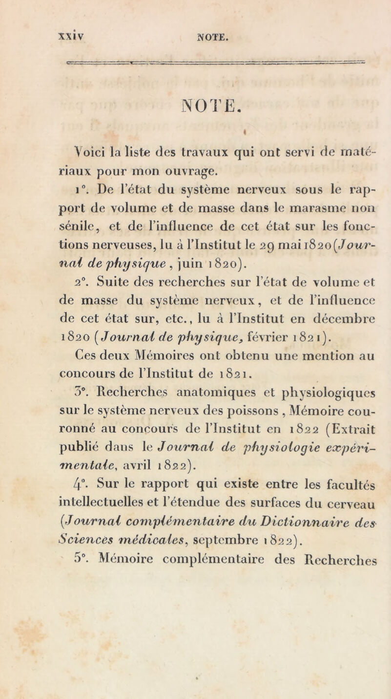 NOTE. I Voici la liste des travaux qui ont servi de maté- riaux pour mon ouvrage. i°. De l’état du système nerveux sous le rap- port de volume et de masse dans le marasme non sénile, et de l’influence de cet état sur les fonc- tions nerveuses, lu à l’Institut le 29 mai 1820[Jour- nal de physique, juin 1820). 20. Suite des recherches sur l’état de volume et de masse du système nerveux, et de l’influence de cet état sur, etc., lu à l’Institut en décembre 1820 ( Journal de physique, février 1821). Ces deux Mémoires ont obtenu une mention au concours de l’Institut de 1821. 3°. Recherches anatomiques et physiologiques sur le système nerveux des poissons , Mémoire cou- ronné au concours de l’Institut en 1822 (Extrait publié daus le Journal de physiologie expéri- mentale, avril 1822). 4°. Sur le rapport qui existe entre les facultés intellectuelles et l’étendue des surfaces du cerveau (Journal complémentaire du Dictionnaire des Sciences médicales, septembre 1822). 5°. Mémoire complémentaire des Recherches