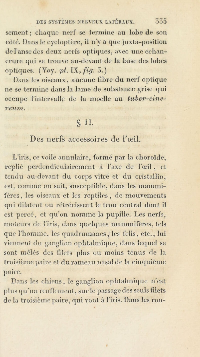 *- ~ K sement; chaque nerf se termine au lobe de son côté. Dans le eycloptère, il n’y a que juxta-position de l’anse des d eux nerfs optiques, avec une échan- crure qui se trouve au-devant de la base des lobes optiques. (Voy. pi. IX, fi g. 3.) Dans les oiseaux, aucune fibre du nerf optique ne se termine dans la lame de substance grise qui occupe l’intervalle de la moelle au tuber-cine- reum. § ». Des nerfs accessoires cle l’œil. L’iris, ce voile annulaire, formé par la choroïde, replié perdendiculairement à l’axe de l’œil, et tendu au-devant du corps vitré et du cristallin, est, comme on sait, susceptible, dans les mammi- fères , les oiseaux et les reptiles, de mouvements qui dilatent ou rétrécissent le trou central dont il est percé, et qu’on nomme la pupille. Les nerfs, moteurs de l’iris, dans quelques mammifères, tels que l’homme, les quadrumanes, les felis, etc., lui viennent du ganglion ophtalmique, dans lequel se sont mêlés des filets plus ou moins ténus de la troisième paire et du rameau nasal de la cinquième paire. Dans les chiens, le ganglion ophtalmique n’est plus qu’un renflement, sur le passage des seuls filets de la troisième paire, qui vont à l’iris. Dans les ron-