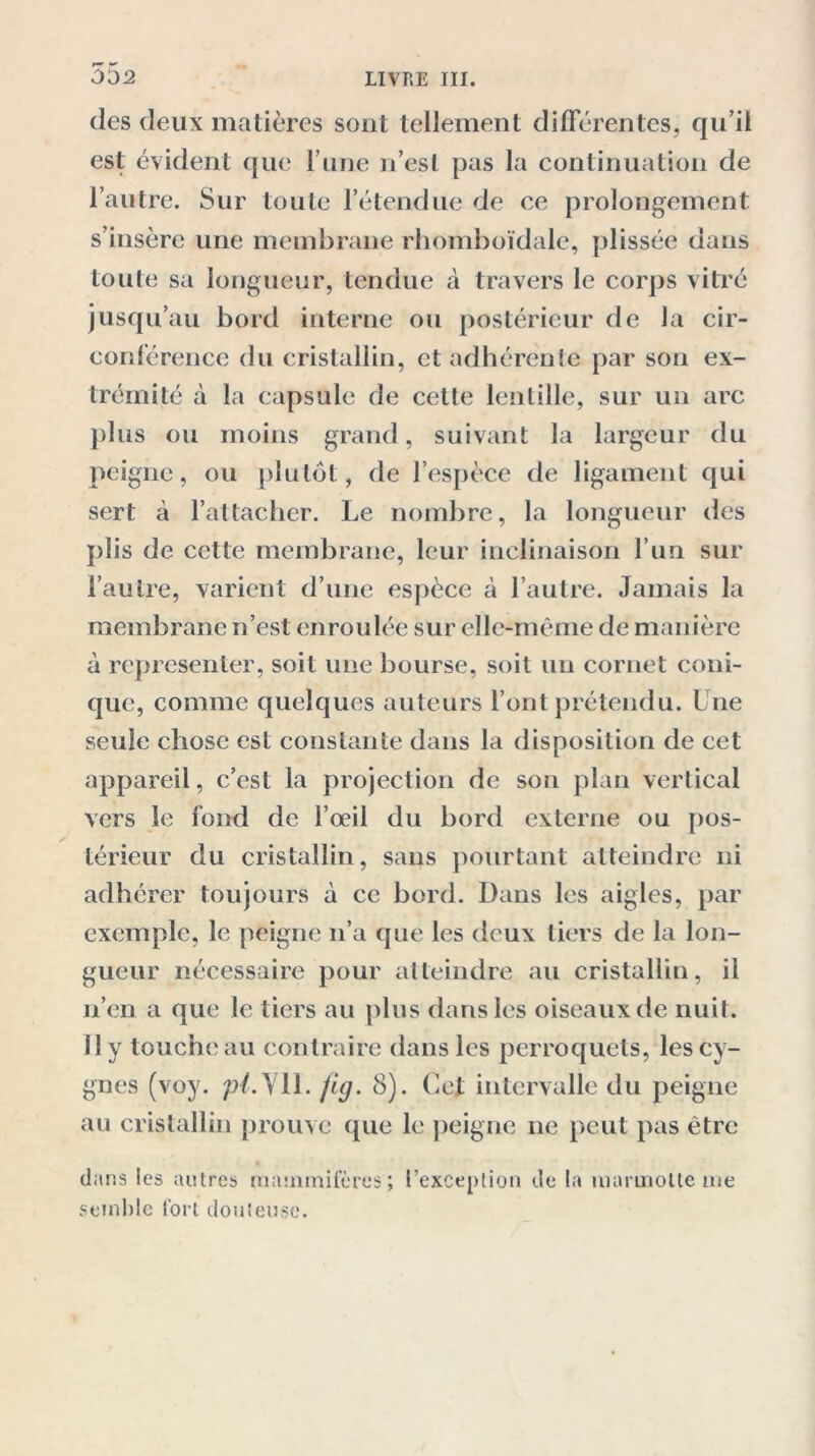 des deux matières sont tellement différentes, qu’il est évident que l une n’est pas la continuation de l’autre. Sur toute l’étendue de ce prolongement s’insère une membrane rhomboïdale, plissée dans toute sa longueur, tendue à travers le corps vitré jusqu’au bord interne ou postérieur de la cir- conférence du cristallin, et adhérente par son ex- trémité à la capsule de cette lentille, sur un arc plus ou moins grand, suivant la largeur du peigne, ou plutôt, de l’espèce de ligament qui sert à l’attacher. Le nombre, la longueur des plis de cette membrane, leur inclinaison l’un sur l’autre, varient d’une espèce à l’autre. Jamais la membrane n’est enroulée sur elle-même de manière à représenter, soit une bourse, soit un cornet coni- que, comme quelques auteurs l’ont prétendu, l ue seule chose est constante dans la disposition de cet appareil, c’est la projection de son plan vertical vers le fond de l’œil du bord externe ou pos- térieur du cristallin, sans pourtant atteindre ni adhérer toujours à ce bord. Dans les aigles, par exemple, le peigne n’a que les deux tiers de la lon- gueur nécessaire pour atteindre au cristallin, il n’en a que le tiers au plus dans les oiseaux de nuit. Il y toucheau contraire dans les perroquets, les cy- gnes (voy. p/.Yll. fig. 8). Cet intervalle du peigne au cristallin prouve que le peigne ne peut pas être dans les autres mammifères; l’exception de la marmotte me semble fort douteuse.