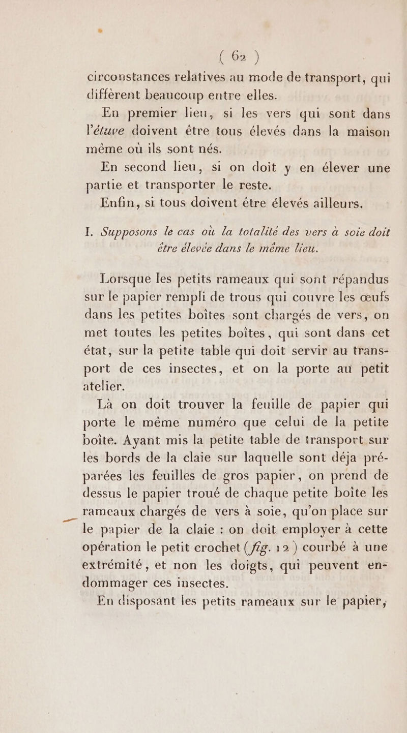 (63 ) circonstances relatives au mode de transport, qui différent beaucoup entre elles. En premier lieu, si les vers qui sont dans l'éluve doivent être tous élevés dans la maison même où ils sont nés. En second lieu, si on doit y en élever une partie et transporter le reste. Enfin, si tous doivent être élevés ailleurs. I. Supposons le cas où la totalite des vers à soie doit A ! ’ A . étre elevee dans le méme lieu. Lorsque les petits rameaux qui sont répandus sur le papier rempli de trous qui couvre les œufs dans les petites boîtes sont chargés de vers, on met toutes les petites boites, qui sont dans cet état, sur la petite table qui doit servir au trans- port de ces insectes, et on la porte au petit atelier. Là on doit trouver la feuille de papier qui porte le même numéro que celui de la petite boite. Ayant mis la petite table de transport sur les bords de la claie sur laquelle sont déja pré- parées les feuilles de gros papier, on prend de dessus le papier troué de chaque petite boîte les rameaux chargés de vers à soie, qu'on place sur le papier de la claie : on doit employer à cette opération le petit crochet ( /£g. 12) courbé à une extrémité, et non les doigts, qui peuvent en- dommager ces insectes. En disposant les petits rameaux sur le papier,