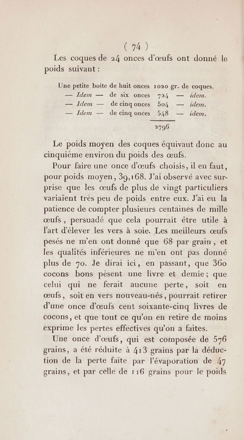 Les coques de 24 onces d'œufs ont donné le poids suivant : Une petite boîte de huit onces 1020 gr. de coques. — Idern — de six onces 924 — idem. — Idem — decinqonces 5o4 — idem. — Idem — de cinq onces 548 — idem. 2796 | Le poids moyen des coques équivaut donc au cinquième environ du poids des œufs. Pour faire une once d'œufs choisis, il en faut, pour poids moyen, 39,168. J'ai observé avec sur- prise que les œufs de plus de vingt particuliers variaient très peu de poids entre eux. J'ai eu la patience de compter plusieurs centaines de mille œufs , persuadé que cela pourrait être utile à l'art d'élever les vers à soie. Les meilleurs œufs pesés ne m'en ont donné que 68 par grain, et les qualités inférieures ne m'en ont pas donné plus de 70. Je dirai ici, en passant, que 360 cocons bons pésent une livre et demie; que celui qui ne ferait aucune perte, soit en œufs, soit en vers nouveau-nés, pourrait retirer d'une once d'œufs cent soixante-cinq livres de cocons, et que tout ce qu'on en retire de moins exprime les pertes effectives qu’on à faites. Une once d'œufs, qui est composée de 576 grains, a été réduite à 413 grains par la déduc- tion de la perte faite par l’évaporation de 47 grains, et par cêlle de 116 grains pour le poids