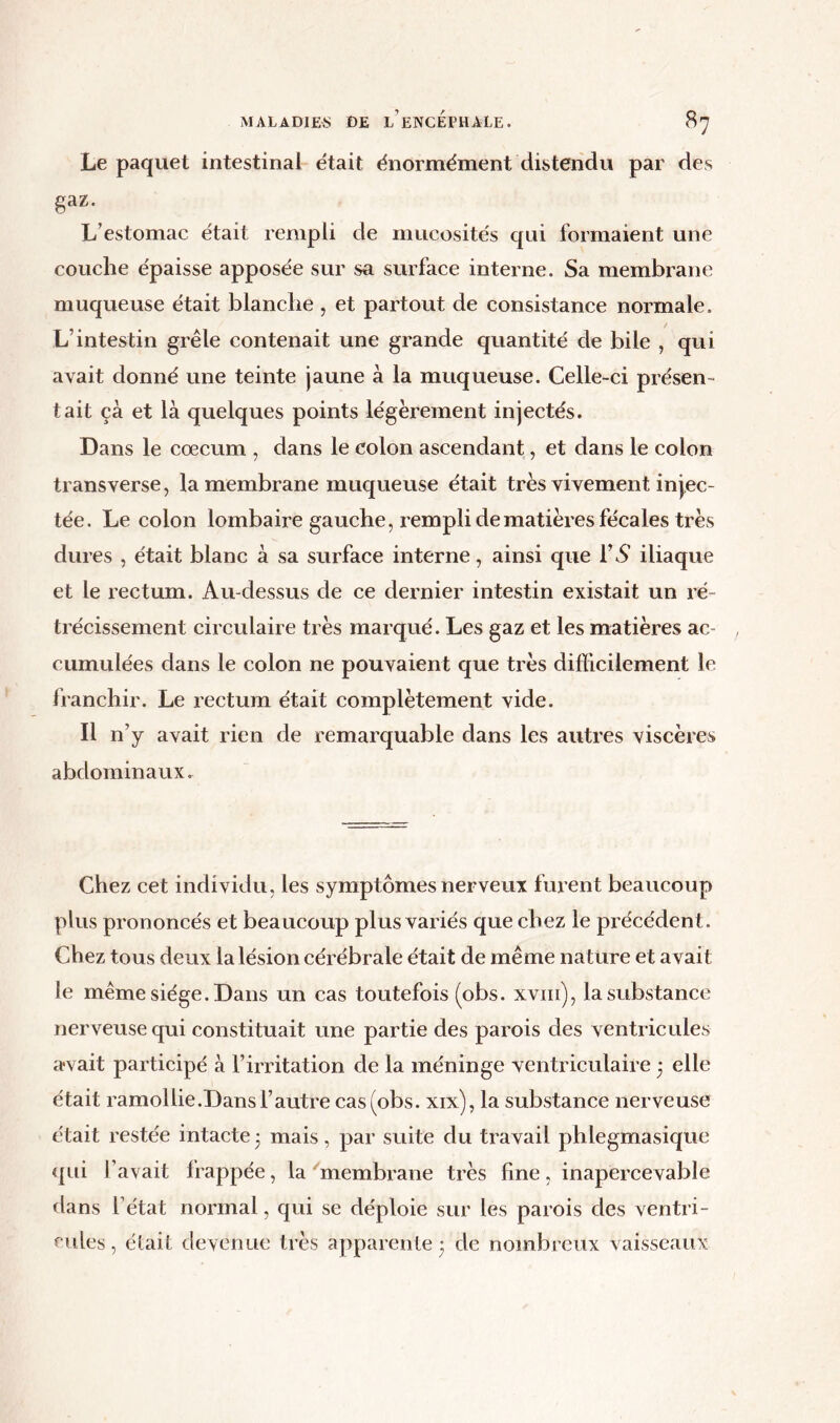 Le paquet intestinal était énormément distendu par des gaz. L’estomac était rempli de mucosités qui formaient une couche épaisse apposée sur sa surface interne. Sa membrane muqueuse était blanche , et partout de consistance normale. L’intestin grêle contenait une grande quantité de bile , qui avait donné une teinte jaune à la muqueuse. Celle-ci présen- tait çà et là quelques points légèrement injectés. Dans le cæcum , dans le colon ascendant, et dans le colon transverse, la membrane muqueuse était très vivement injec- tée. Le colon lombaire gauche, rempli de matières fécales très dures , était blanc à sa surface interne, ainsi que VS iliaque et le rectum. Au-dessus de ce dernier intestin existait un ré- trécissement circulaire très marqué. Les gaz et les matières ac cumulées dans le colon ne pouvaient que très difficilement le franchir. Le rectum était complètement vide. Il n’y avait rien de remarquable dans les autres viscères abdominaux. Chez cet individu, les symptômes nerveux furent beaucoup plus prononcés et beaucoup plus variés que chez le précédent. Chez tous deux la lésion cérébrale était de même nature et avait le même siège. Dans un cas toutefois (obs. xvm), la substance nerveuse qui constituait une partie des parois des ventricules avait participé à l’irritation de la méninge ventriculaire • elle était ramollie.Dans l’autre cas (obs. xix), la substance nerveuse était restée intacte • mais, par suite du travail phlegmasique qui l’avait frappée, la membrane très fine, inapercevable dans l’état normal, qui se déploie sur les parois des ventri- cules, était devenue très apparente* de nombreux vaisseaux