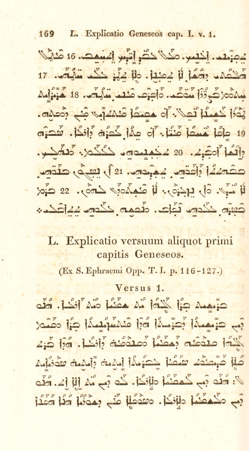o 16 S’AAo .uuJLL| - * * x J ' w •• • • •• y & •• *v v ,. p p e,, y 17 .WTl^U AA jio . \l-cJ. (i Ja.ci? *AoA.e! .P=7 7 p .. -TN *■> . 7 y .. y .~,p y >. A*fj*jA 18 j 55^)00 A* . ciAsop ,AP> ^vjAAio (OiOA, oj -.Aoi (XsaA po^ cij^.2? . P—?(p dijoAjAo oj *. jJiio Icuia pp 19 .u-AciJo •.)c._ AA ,*(-3Cu1aAA 20 .--i—oj j.AJj? / su mm S * * •• —* ••57 >. 'tn /tn •• 7. y « p ^ ^ciols ^a^azJ ^j 21 ^ciasj? jAAci20£) y n • 7 7 « •• >. 7 .p .•: >0jU 22 . ^Of-UP \5oAaio ji ‘.^OjAjJ vjo A*-» M /TN .7 7 . 7 ^ ,7 ^/IN ❖.A^jAA ^ciqAA CLAaJo . ci.2222 I» •* • w • v • * • L. Explicatio versuum aliquot primi capitis Geneseos. (Ex S. Epliraemi Opp. T. I. p. 116-127.) Versus 1. 7 p . p .7 *p . p y -p . p ..7 . p =n gJjI . jAAj A»o A* j^-A j;s A^>:c t) * * =E * ^7 ,p • p p y * p .p = 7 .p = >c^co vt£> jA-klq^Aoo jpoi (A-6jS5 (A*a*;22 <_*5 7 P , P . 7 P >• 7.P7 7 5>- • P ..7 jpei .j-A?j? tfAooLco |Aoa5 eiicaio |cuA 6502? cuAJj ouA*t fAij^-A j.lo^2? Aoio*,.© «Lo ^ M/ * «/ » .0 y P , -, , «P m «7 . P .« . 5P7 V7 ^ ^ ° »r cJ<3i .Aj jjj A» -*5 oA . jA5|Jo GViaA _*? oJsi :\> vi/ \ * ^ ' , py p .p p .pp> .7 p > . p ... . *57 i7 ^ ilOCl PCJ 1*50A5 —A jis02?0 . |A5pO 1*10aAq -6? • > t> A >
